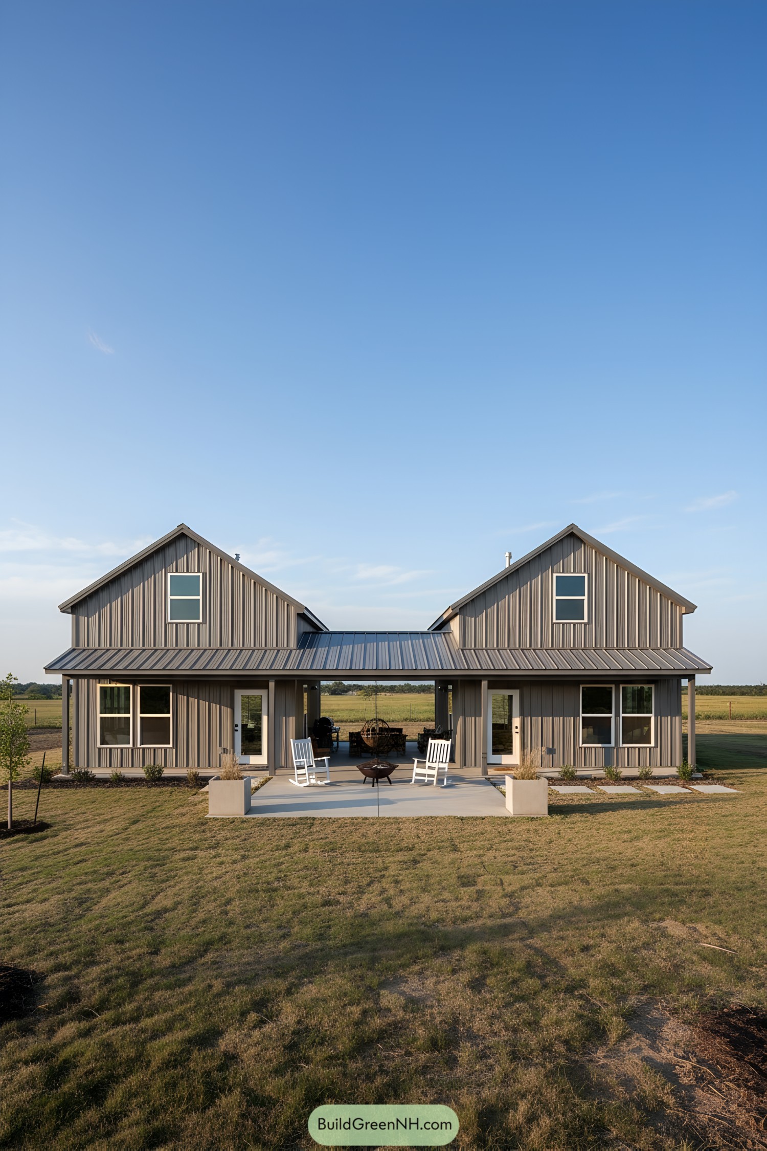 Modern barndominium with a spacious patio