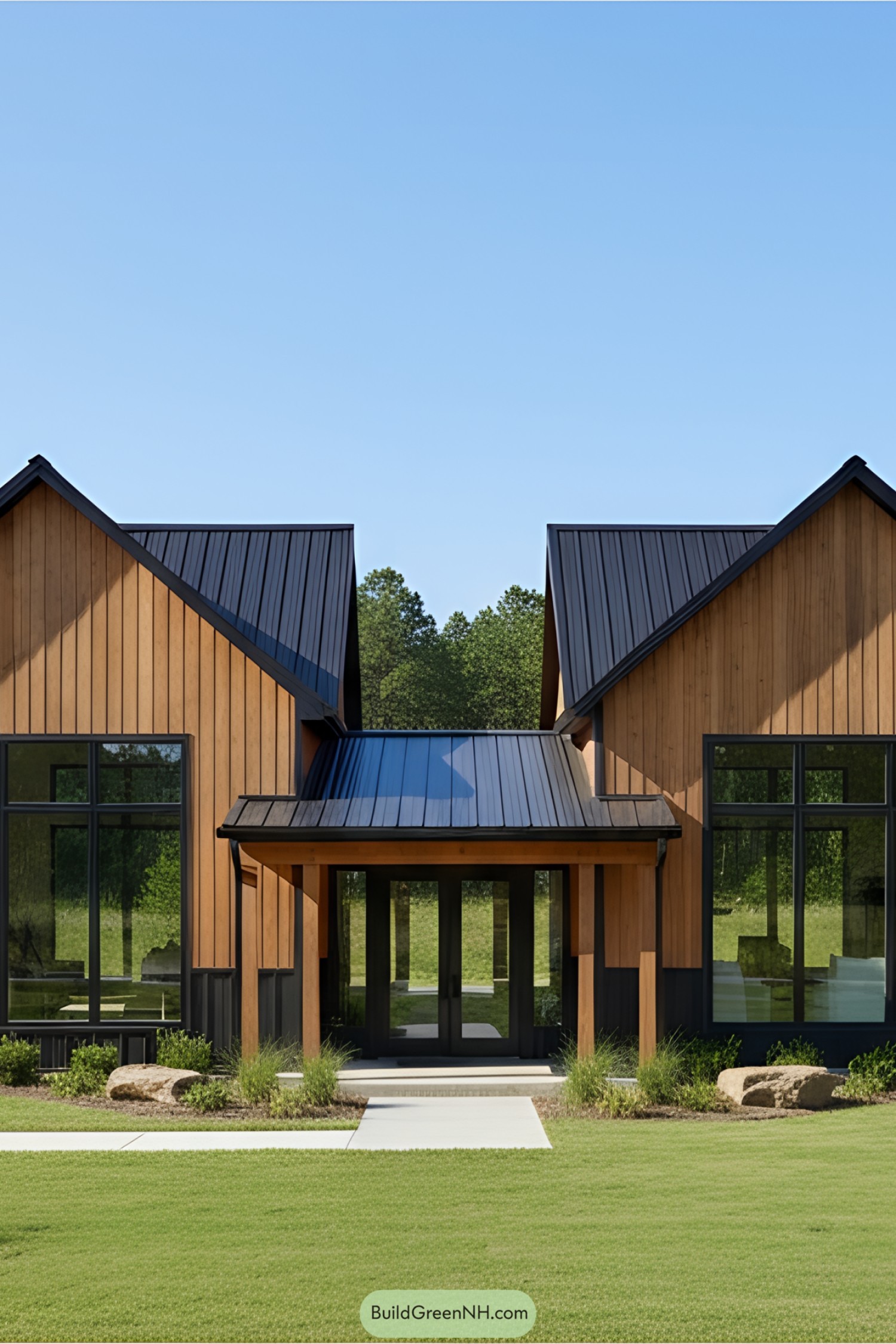 Wood-paneled house with metal roof and large windows
