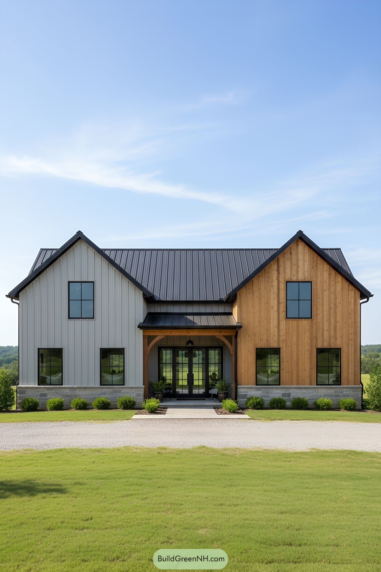 Modern house with two gable roofs and lush green lawn
