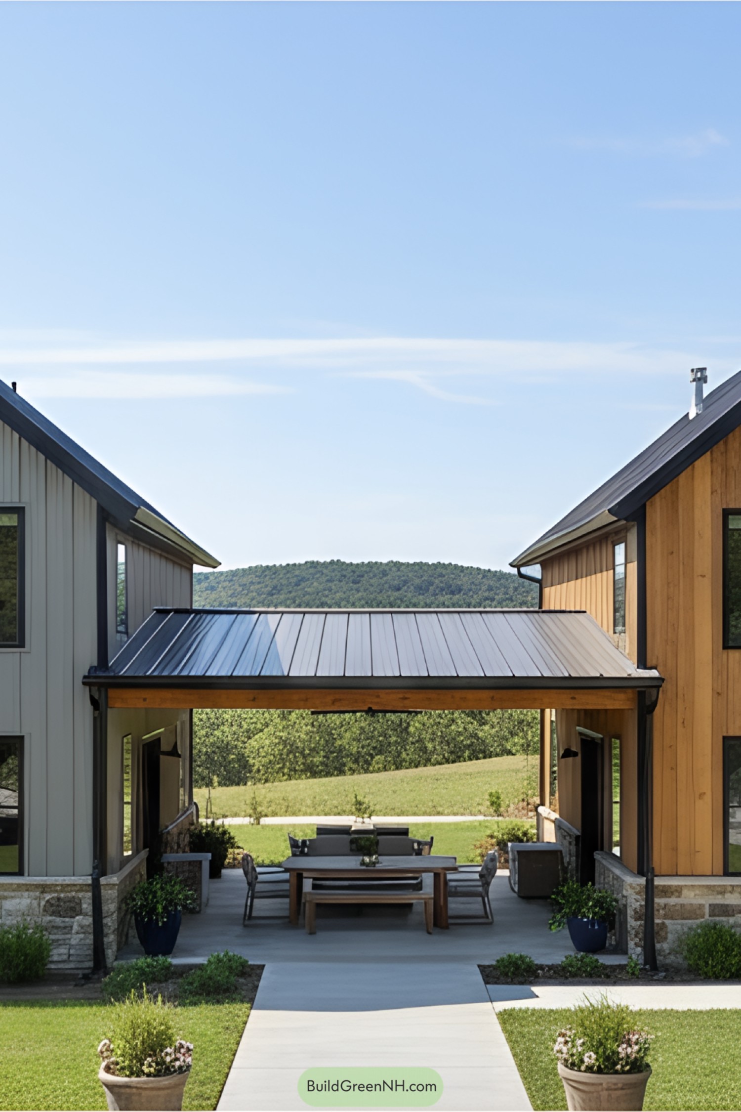 Spacious open passage between two sections of a barndominium