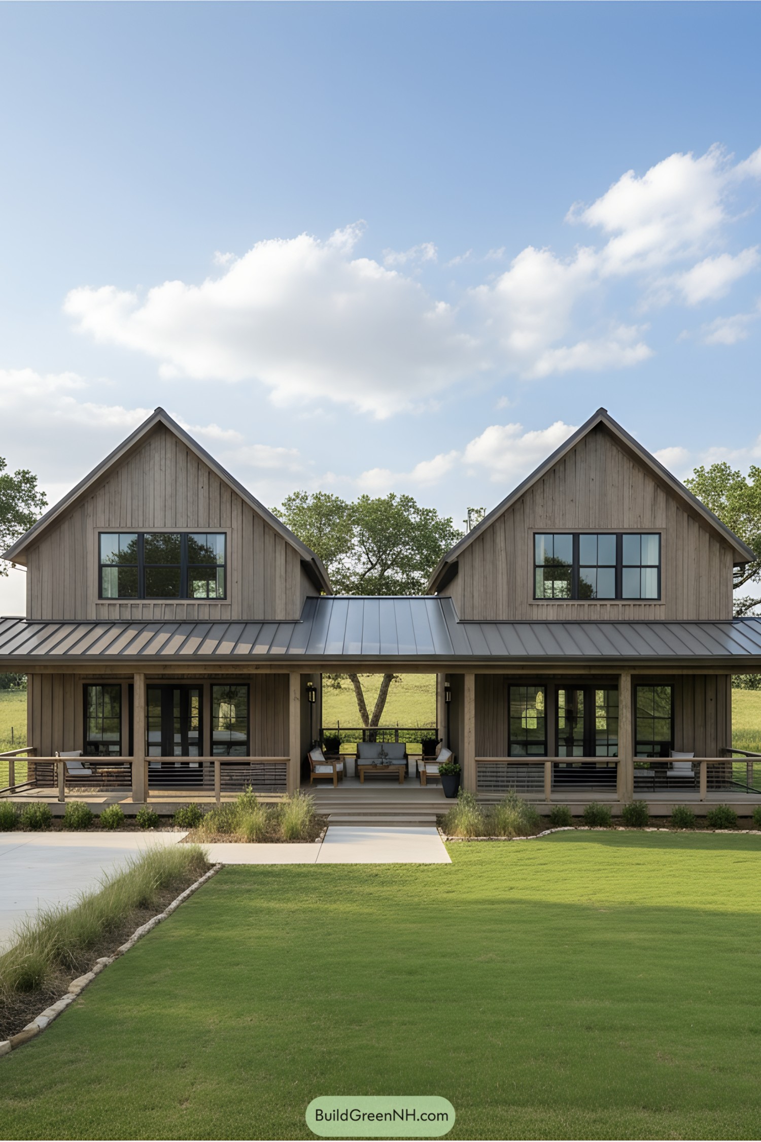 Barndominium with twin peaked roofs and a cozy porch