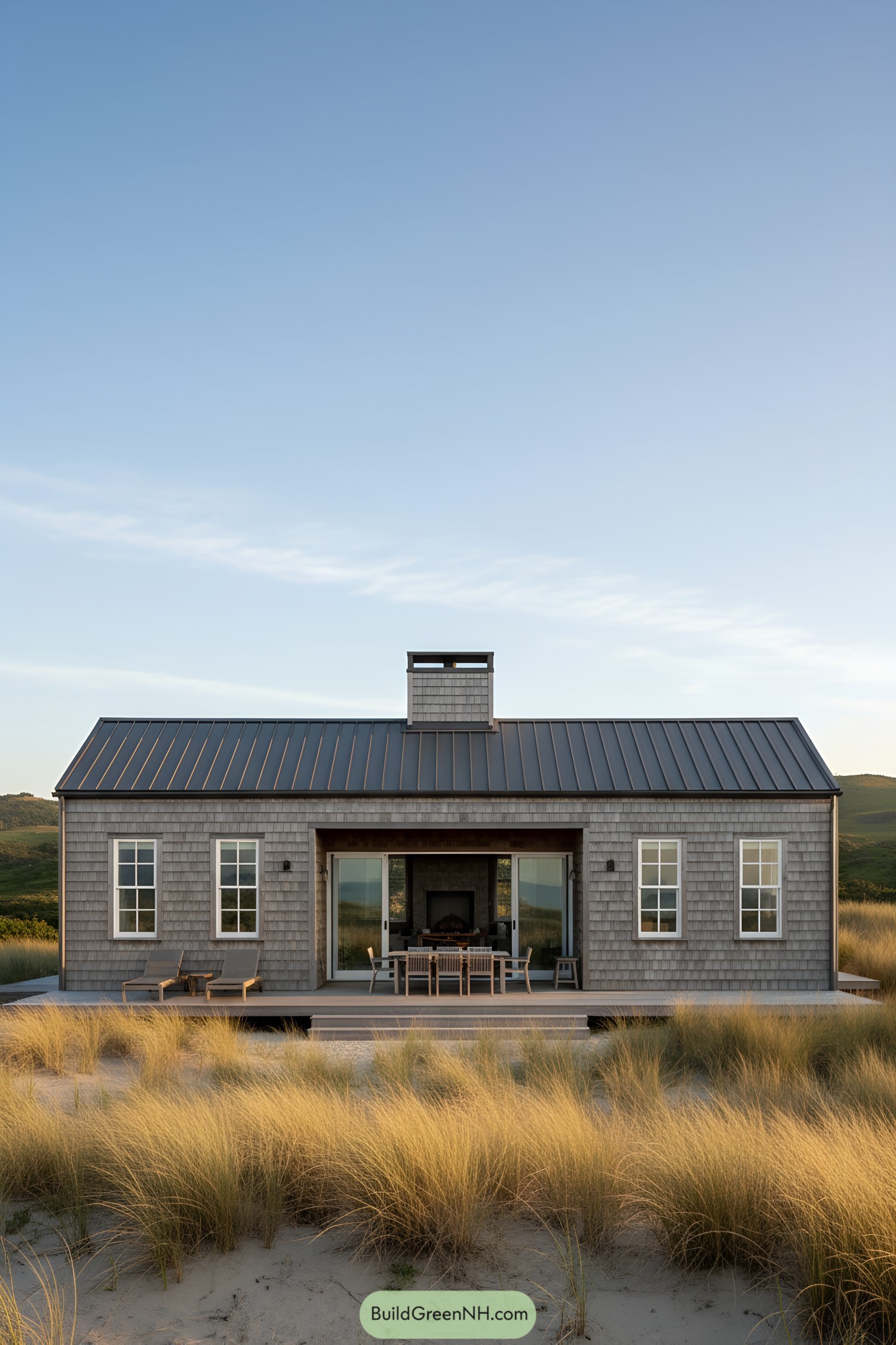 Gray clapboard barndominium with a metal roof surrounded by tall grass