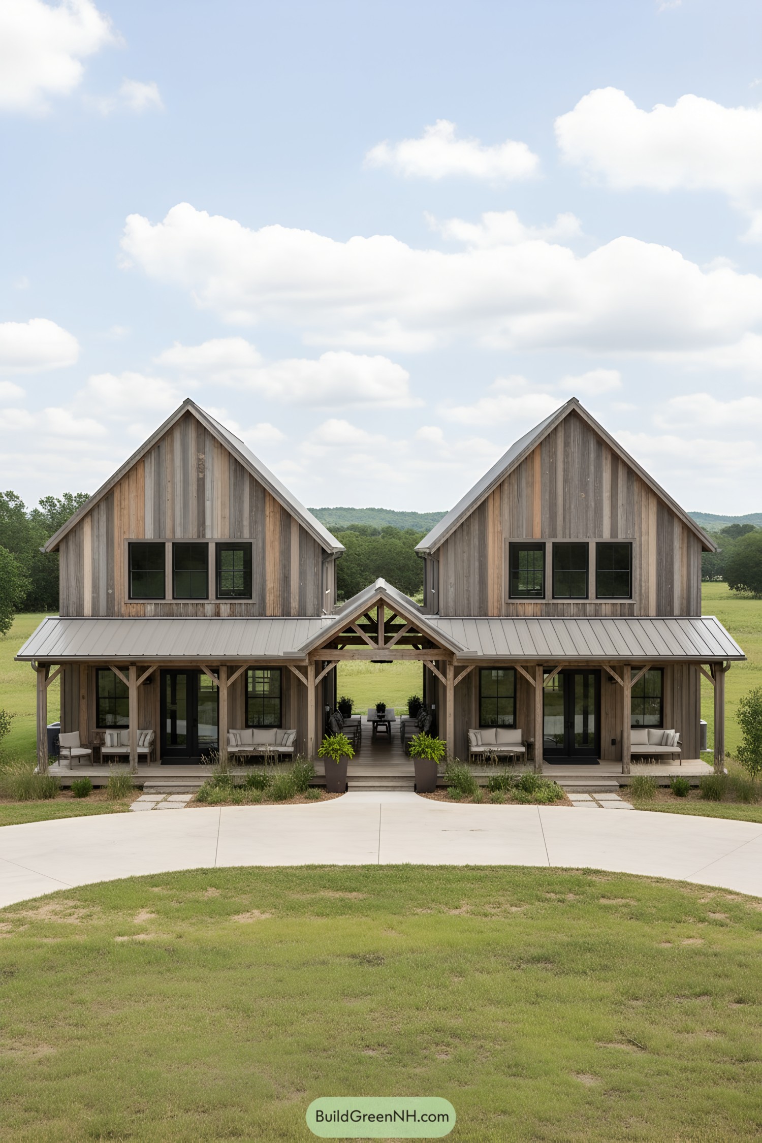 A rustic dogtrot barndominium with two peaked roofs