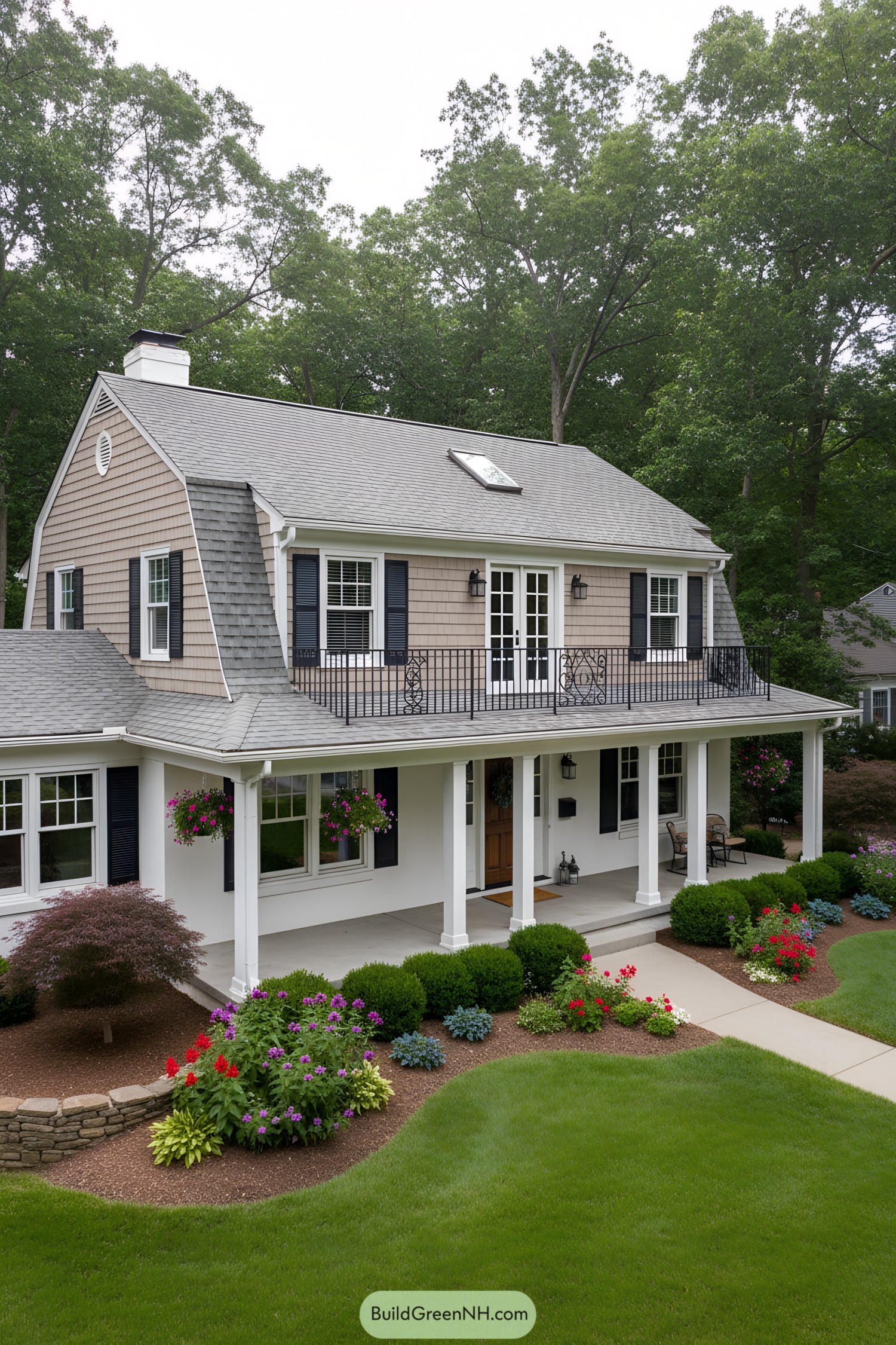 Two-story Dutch Colonial with gambrel roof, upper balcony, and wraparound porch