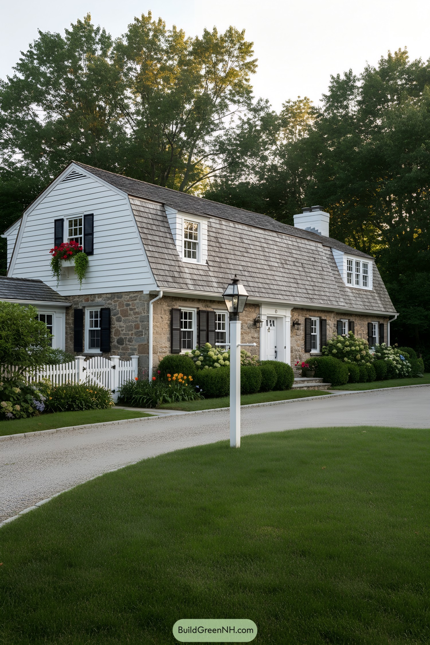 Gambrel-roof colonial with stone facade, black shutters, and lush garden
