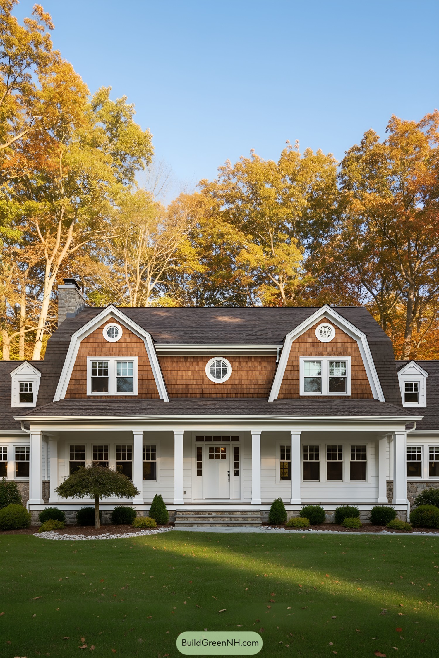 Dutch Colonial home with gambrel roof, cedar shingles, white trim, and round dormer windows above a columned wraparound porch