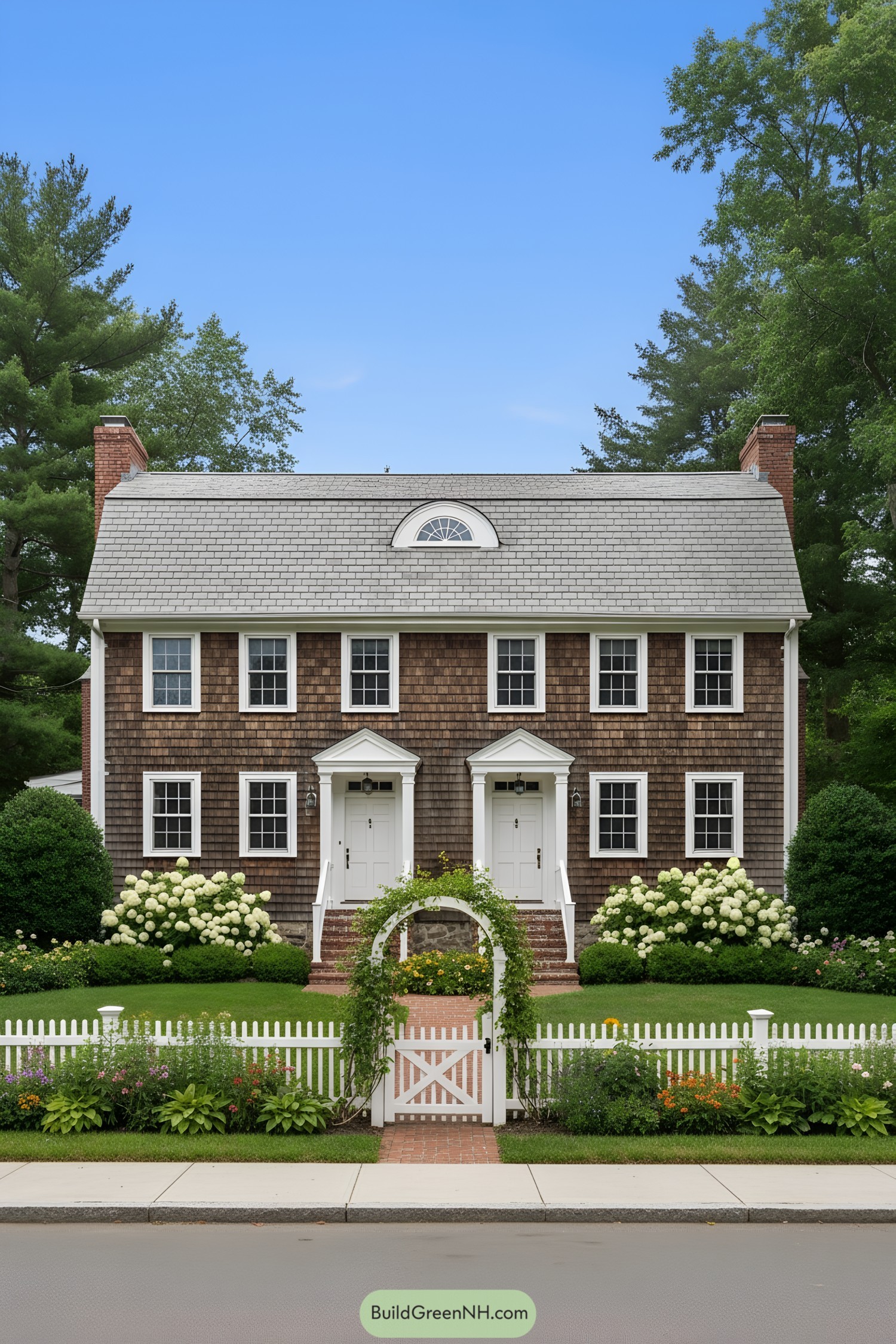 Symmetrical shingle gambrel with dual doors and white picket fence