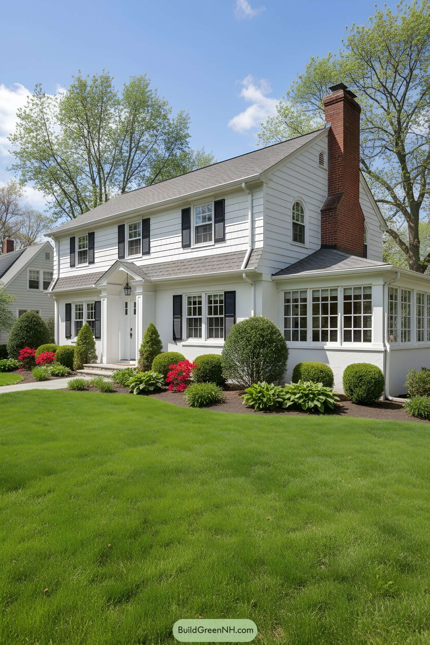 White clapboard gambrel colonial with black shutters and brick chimney