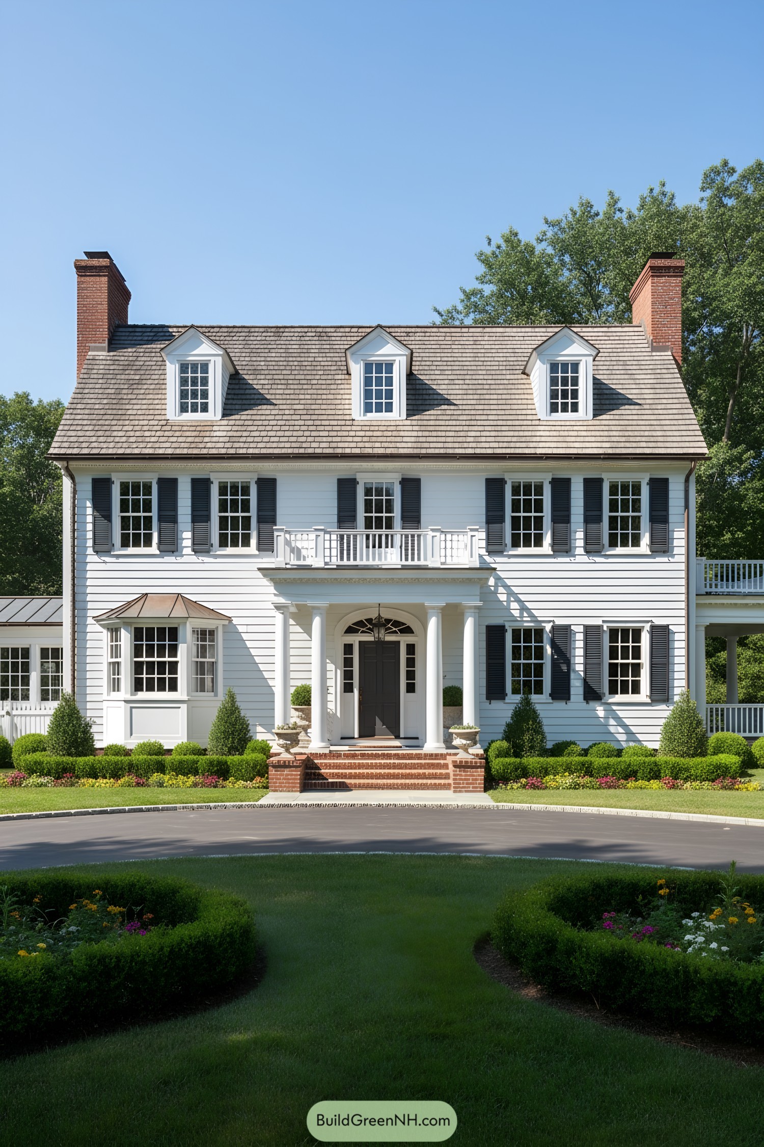 White clapboard gambrel with black shutters and columned portico