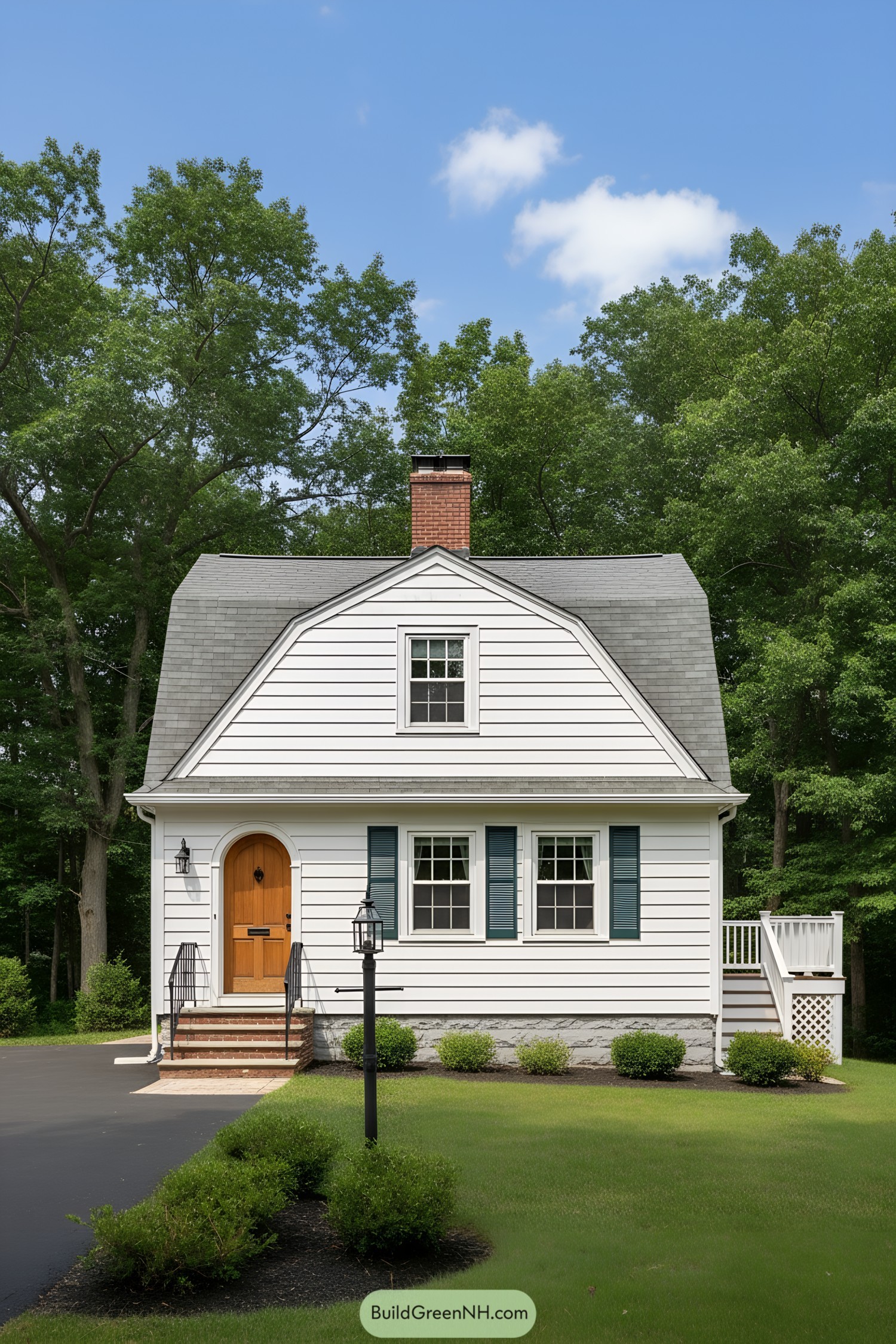 White clapboard gambrel cottage with arched wood door, teal shutters, and central brick chimney