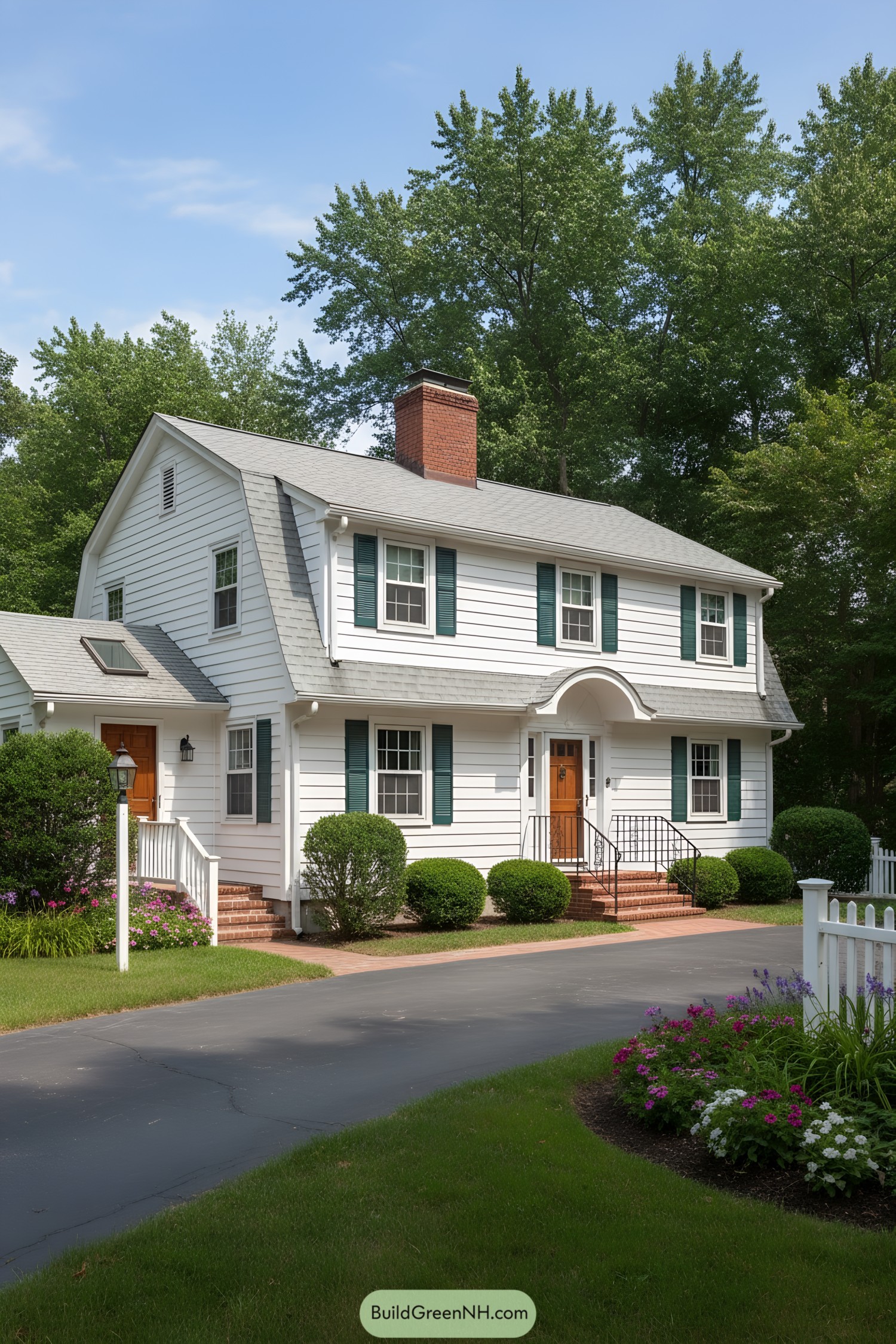 White gambrel colonial with green shutters and arched entry