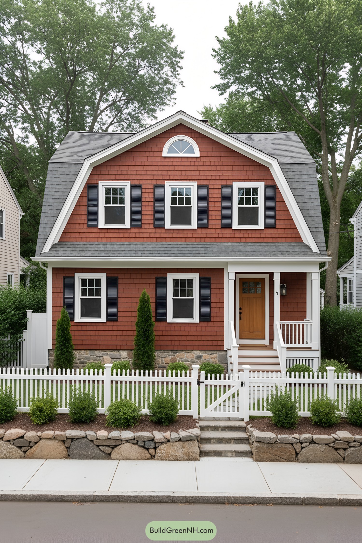Red shingle gambrel house with navy shutters and white trim