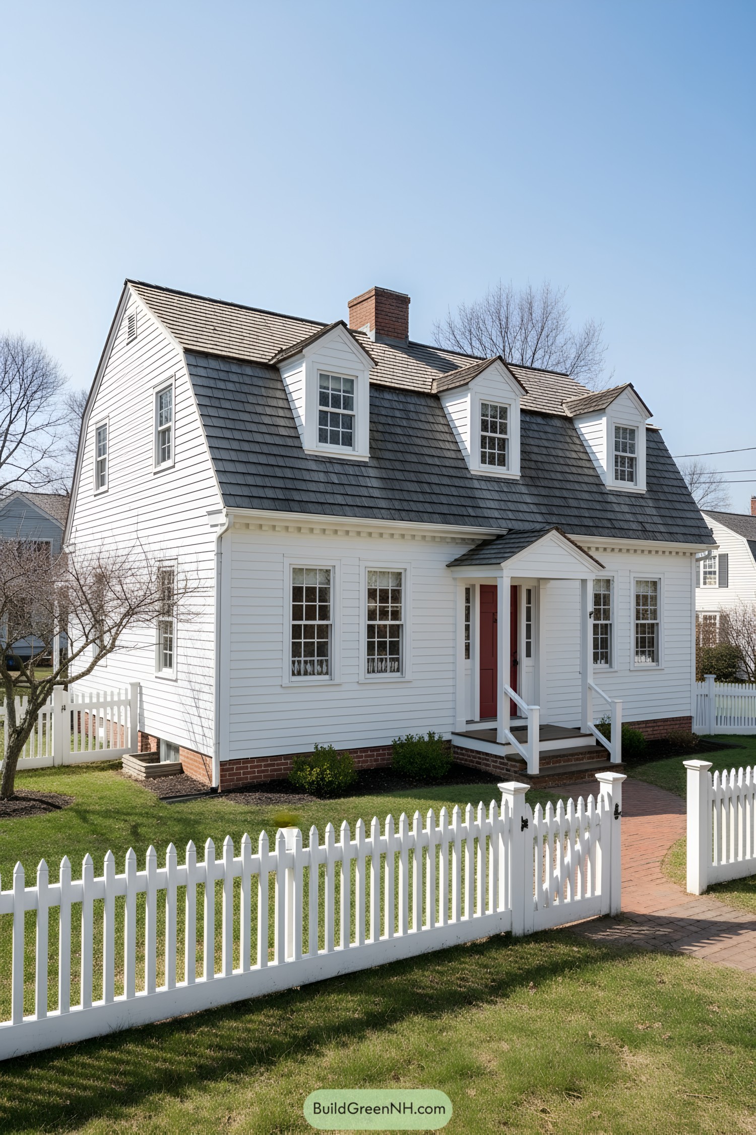 White gambrel colonial with dormers and picket fence