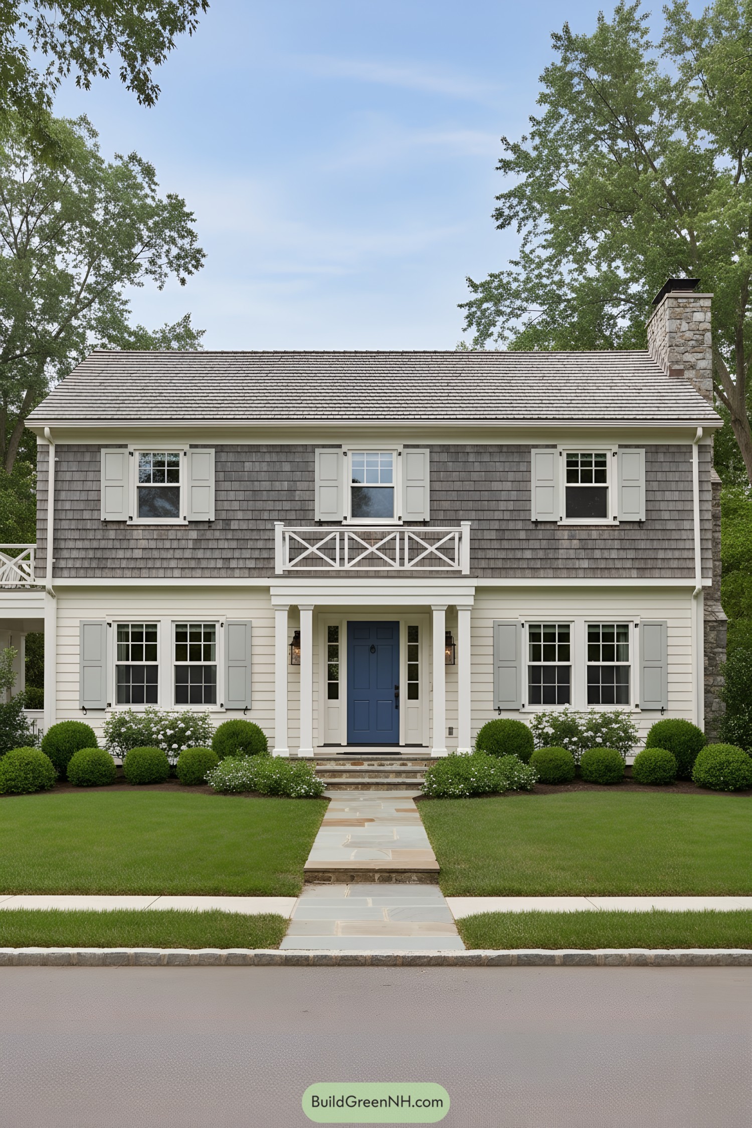 Two-story shingle-and-siding colonial with gambrel roof, pale shutters, and blue front door