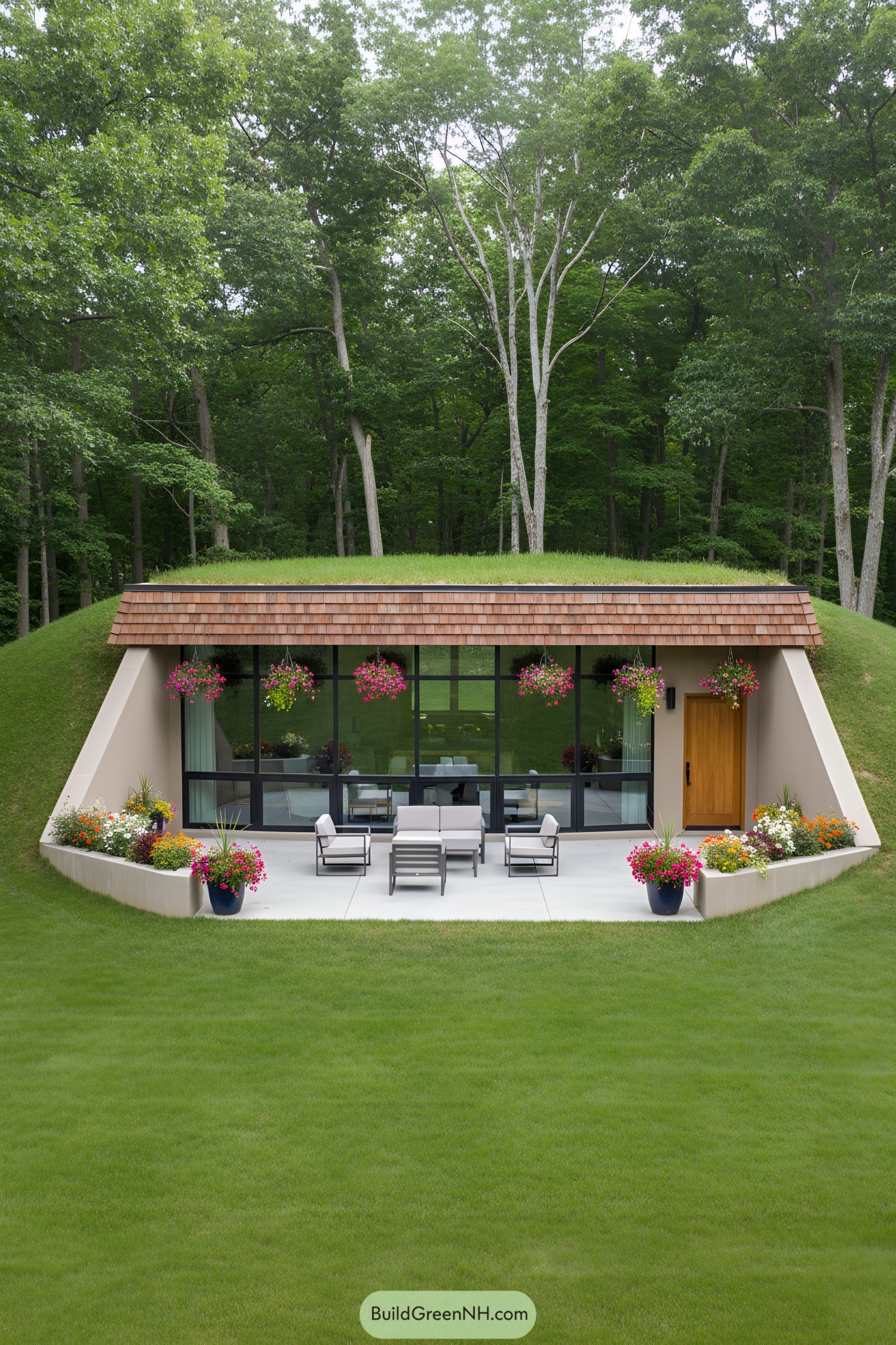 Earth-sheltered home with a grassy roof nestled in the woods