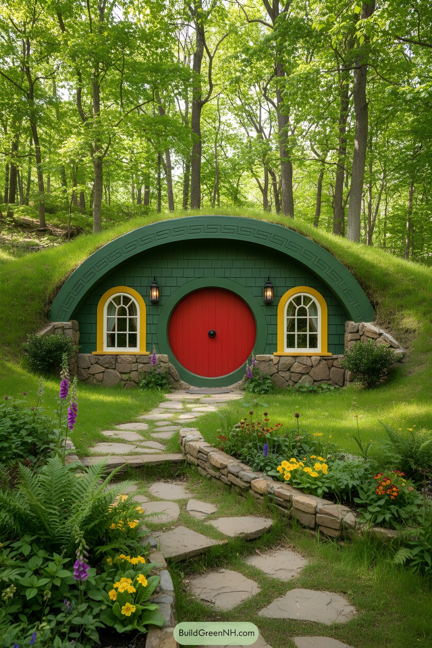 Quaint earth-sheltered house with a vibrant red door