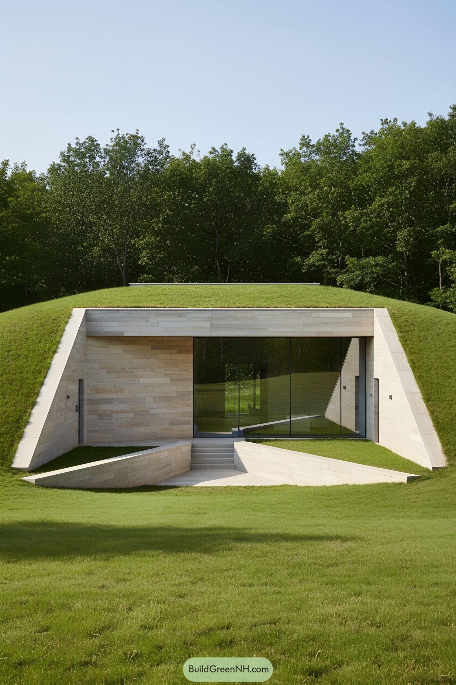 A house with a grass roof blending into a grassy hillside