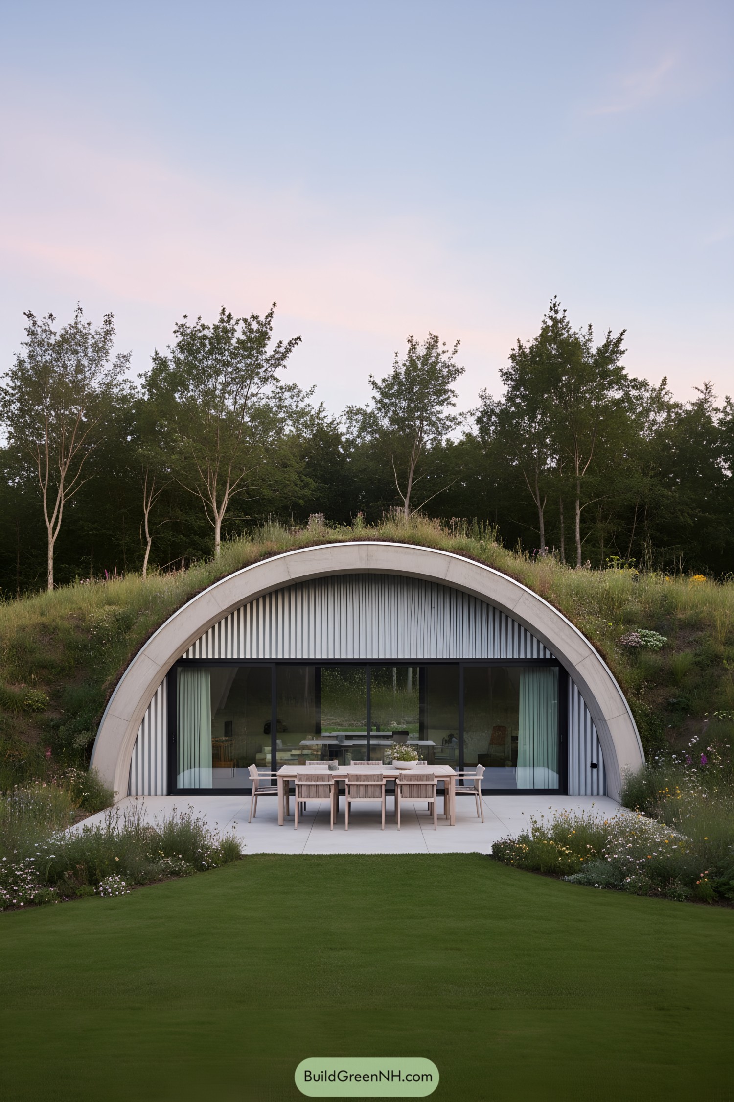 Arch-Shaped Earth Shelter with Grass-Covered Roof