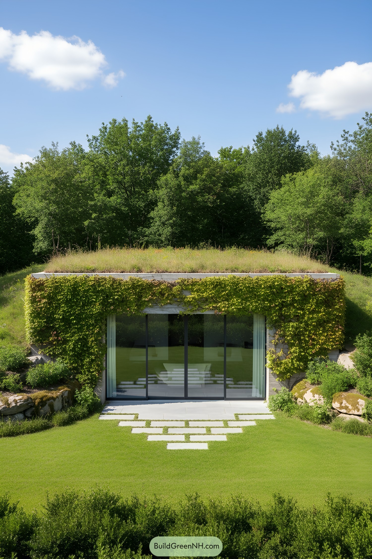 Earth-sheltered house with a green roof and lush surroundings