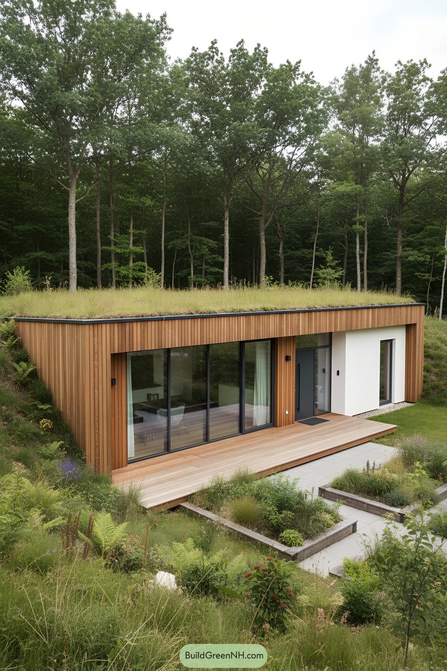 Wood-clad earth sheltered home with a green roof