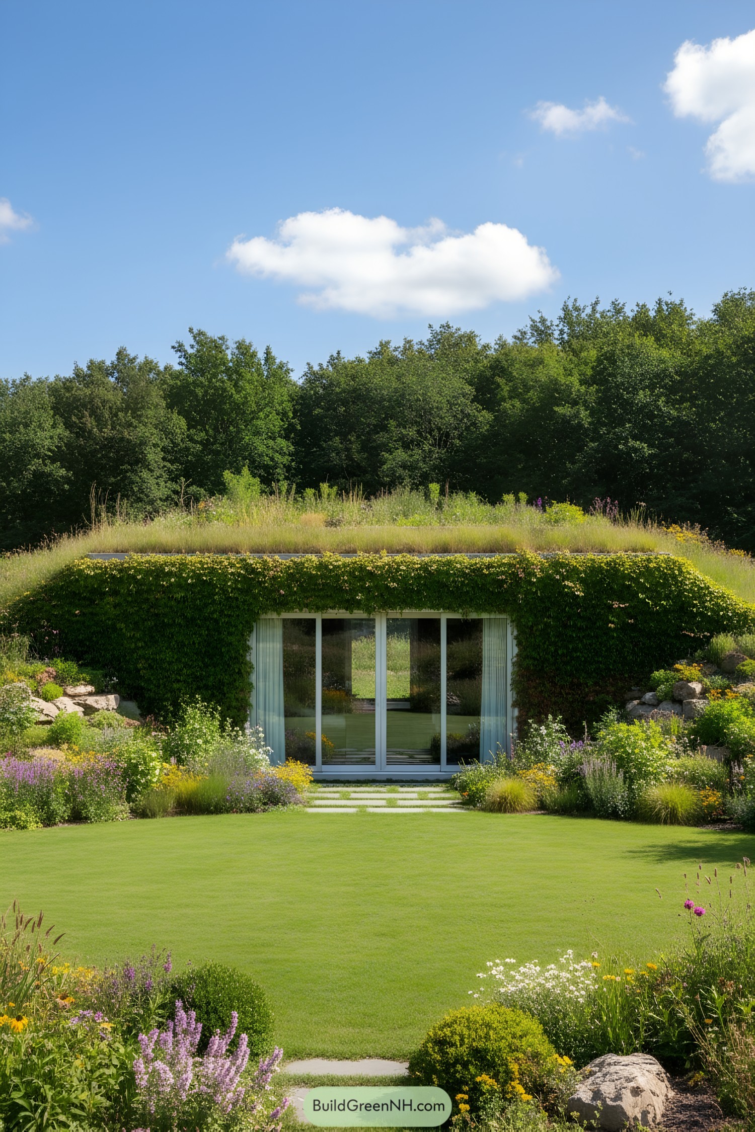 Earth-sheltered home with a green roof surrounded by lush gardens