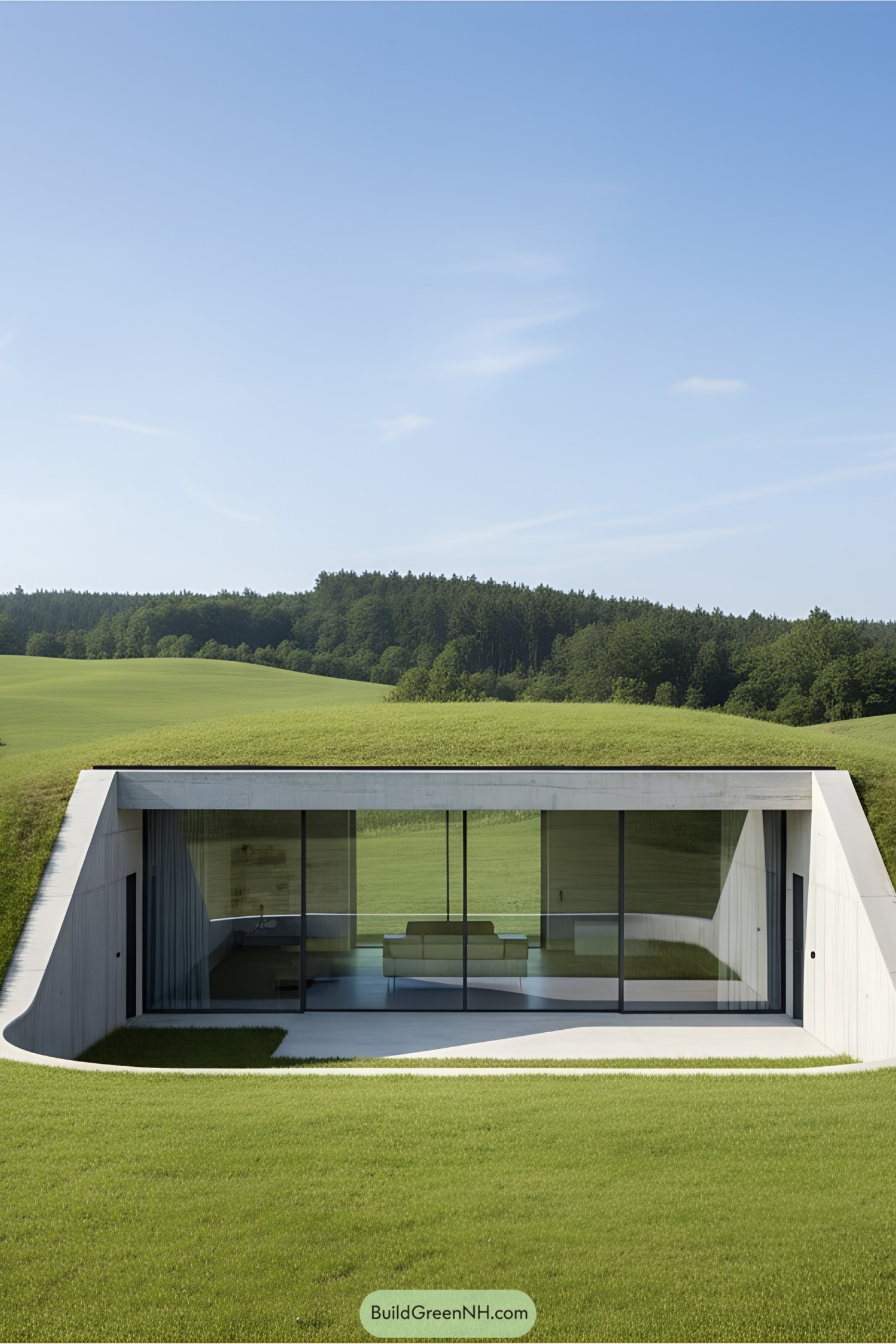 Earth-sheltered home with a turf-covered roof and glass facade