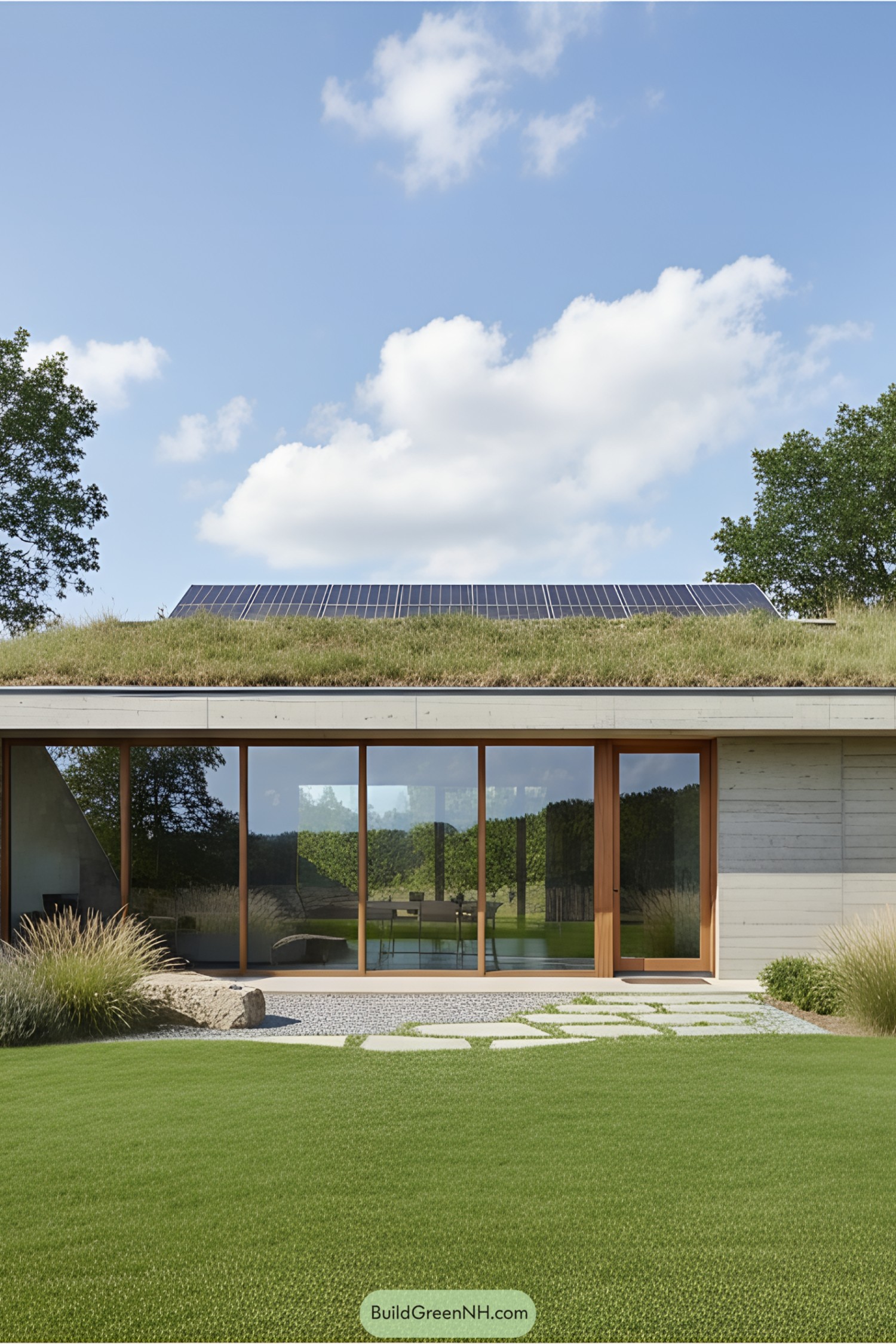 A modern earth-sheltered house with a grass-covered roof and solar panels