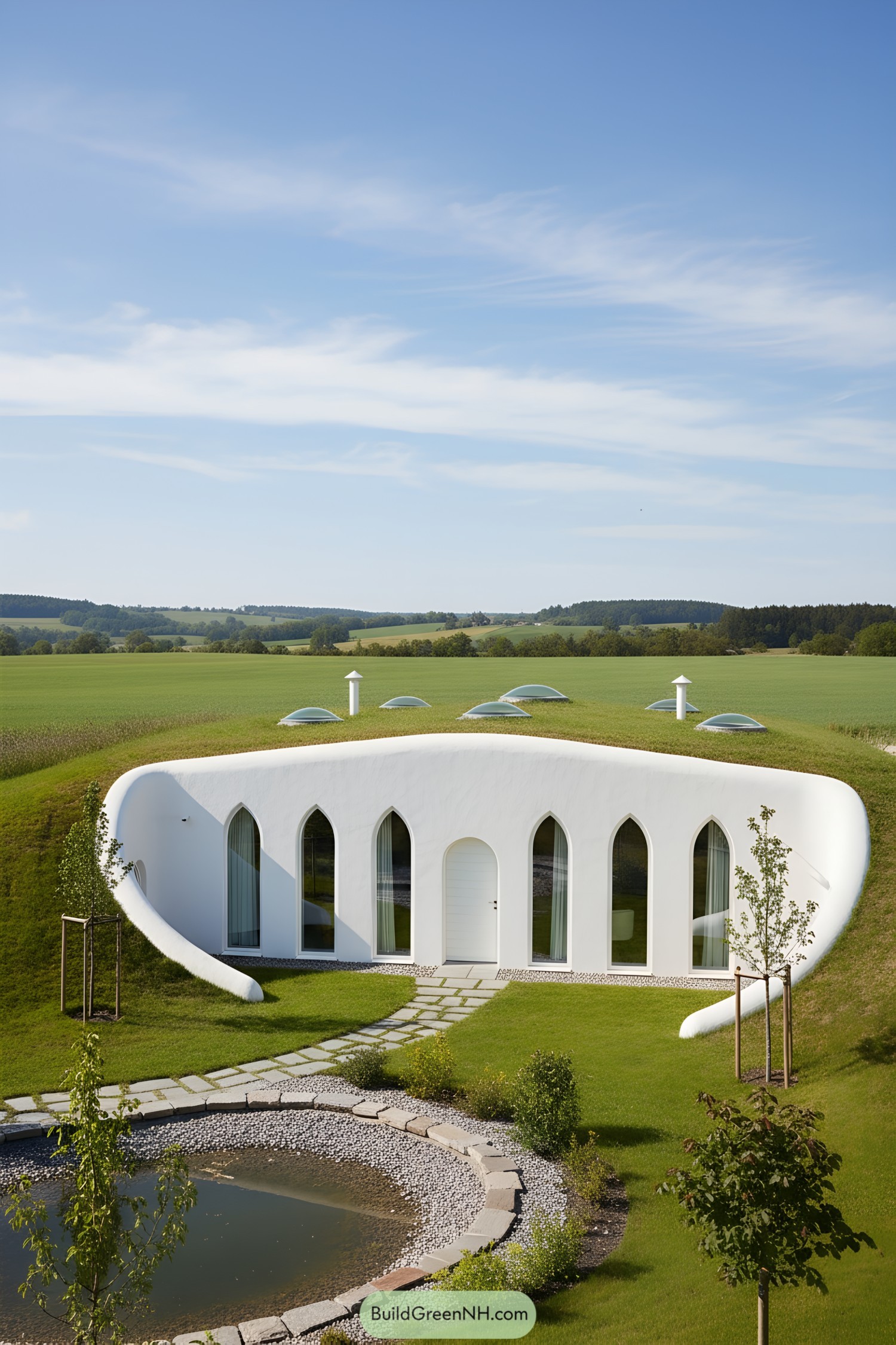 Earth-sheltered home with arched windows and green roof