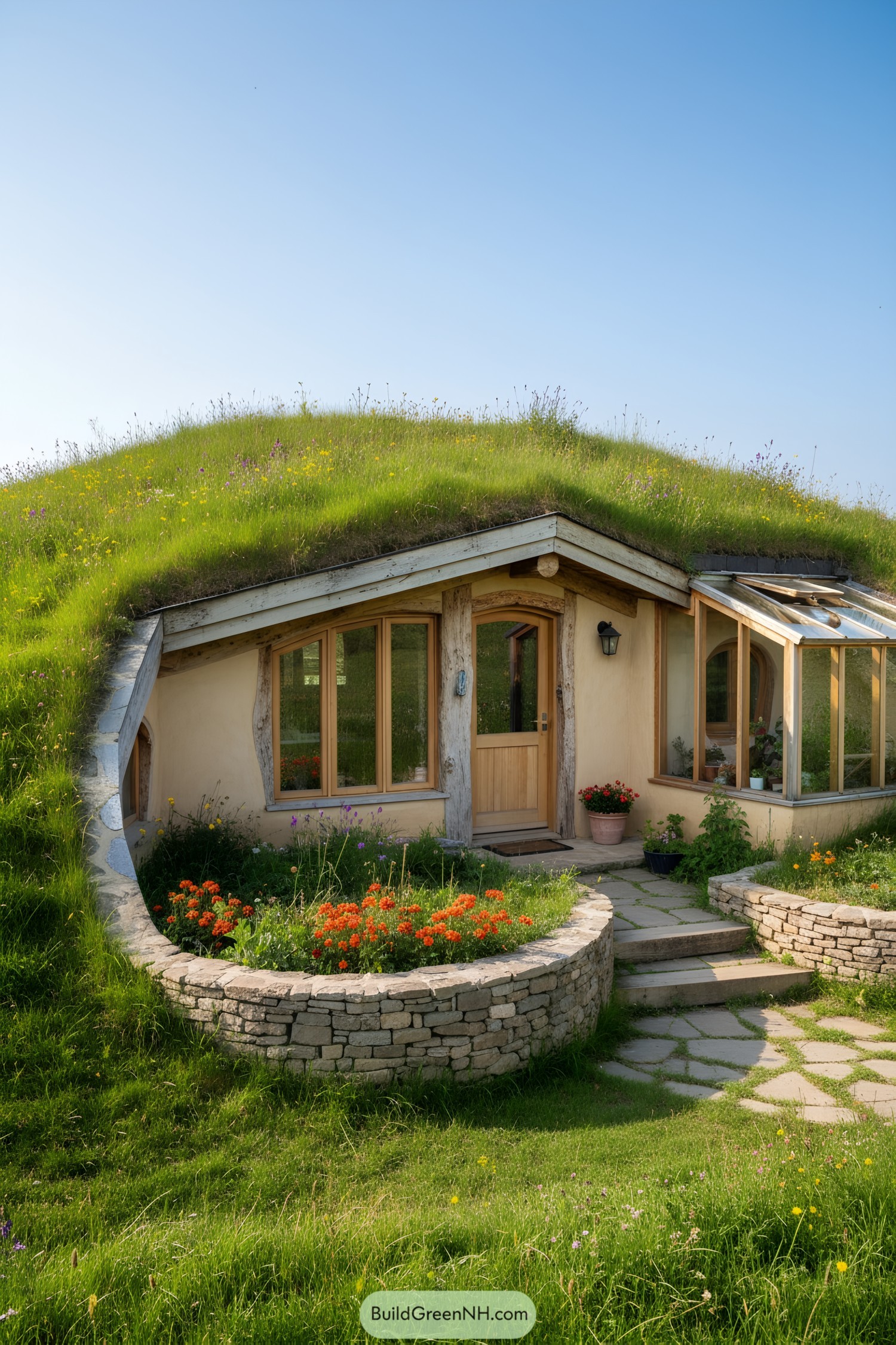 Grass-covered house with wildflowers and stone pathway