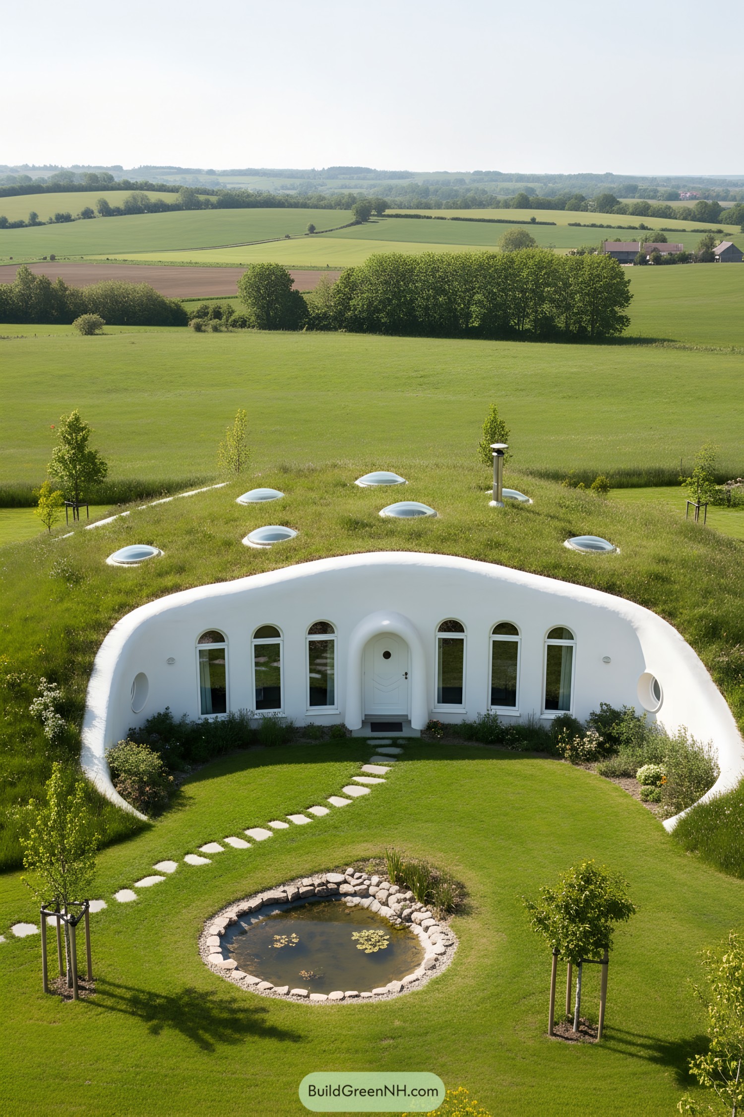 Grass-covered earth-sheltered house with round windows