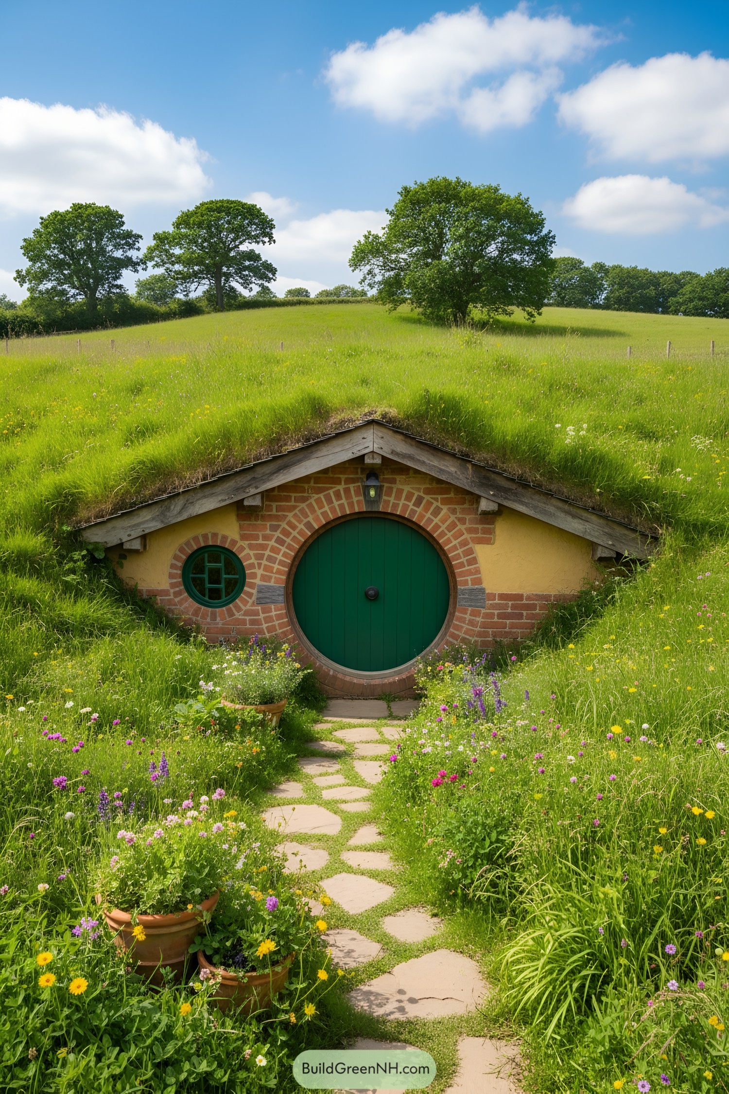 Earth-sheltered house with a round green door surrounded by wildflowers