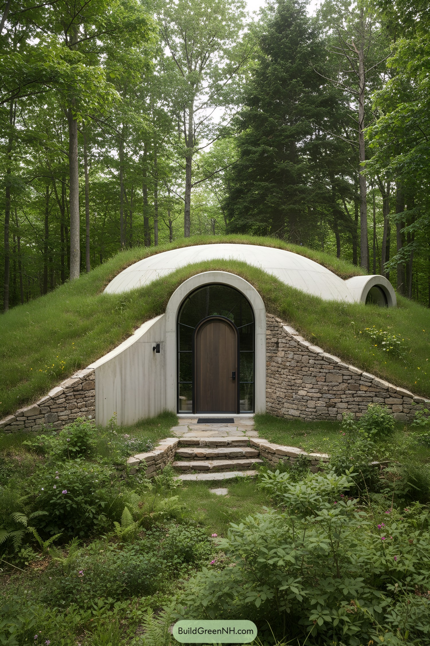 Earth-sheltered house with a grassy roof in a forest setting