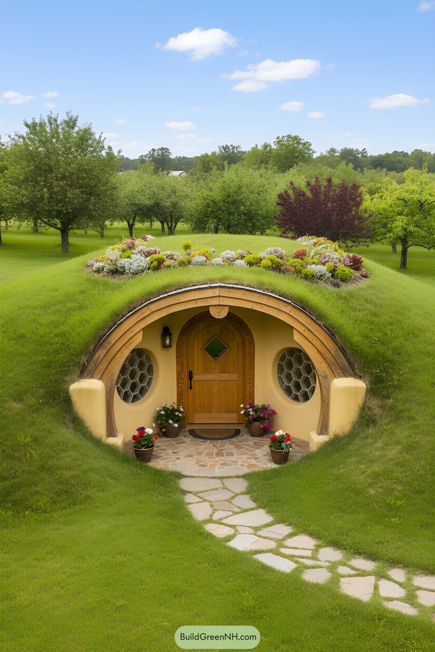A charming earth-sheltered house with a grassy roof and round wooden door