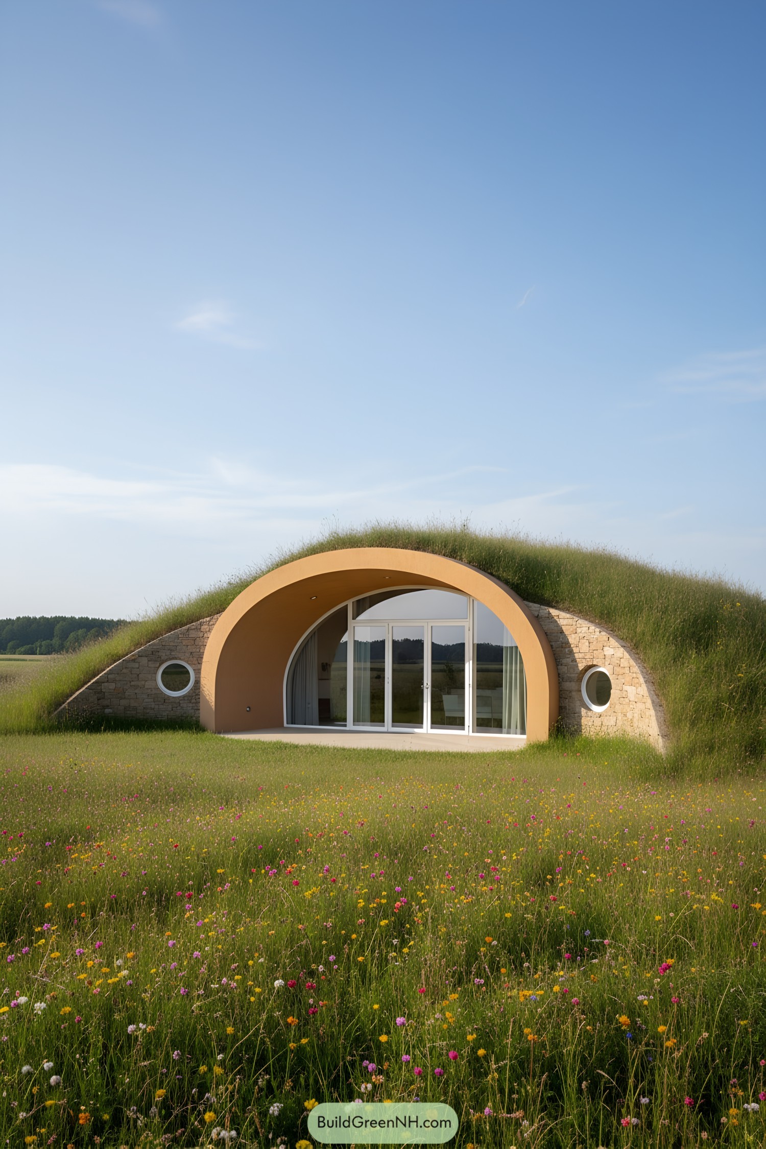 Earth-sheltered home with a grass roof in a blooming meadow