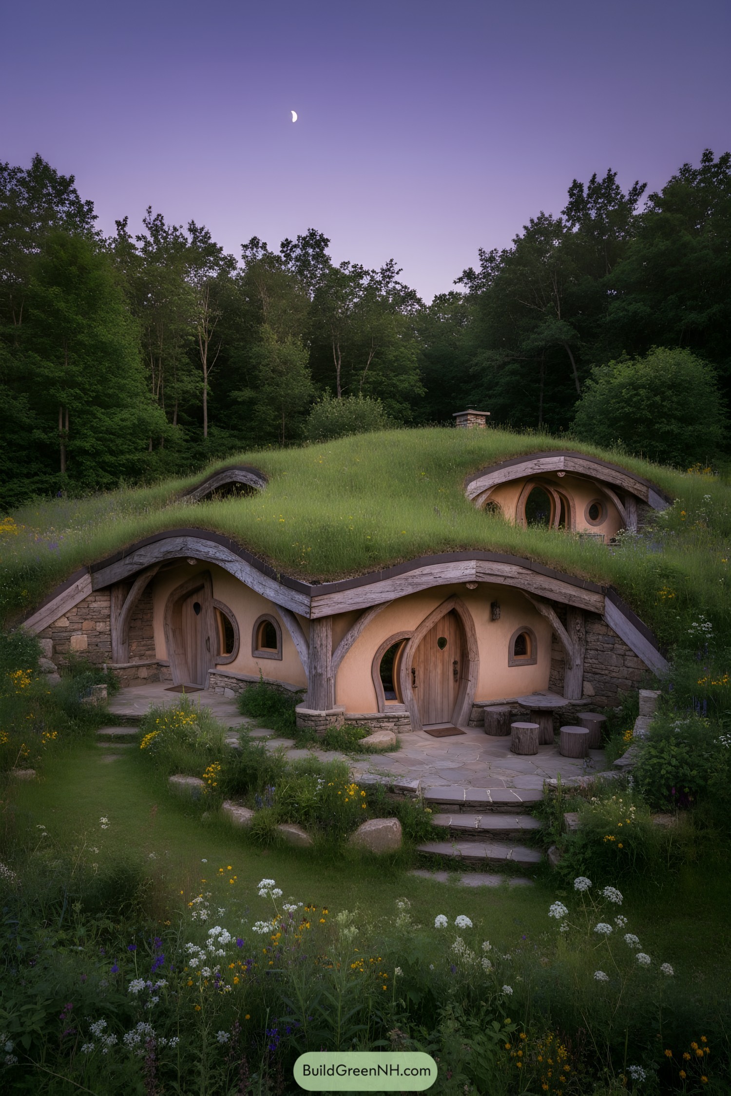 Earth-sheltered house with arched wooden doors and vibrant green roof