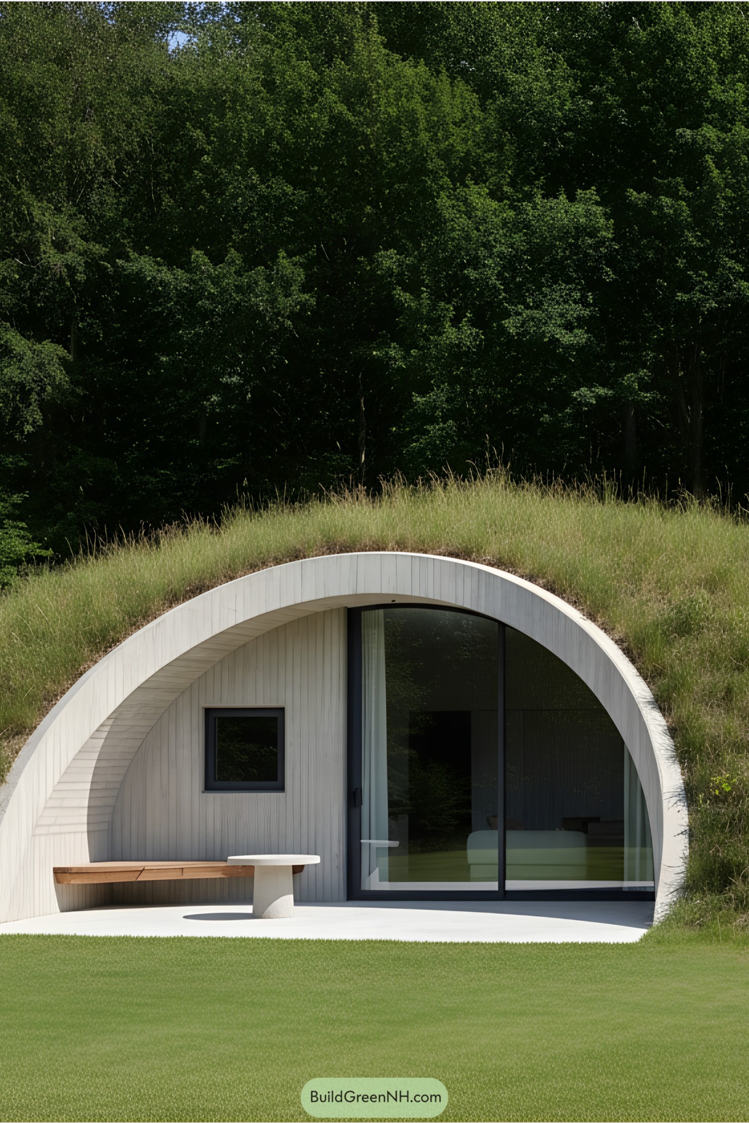 Modern earth-sheltered house with arched entrance and grass roof