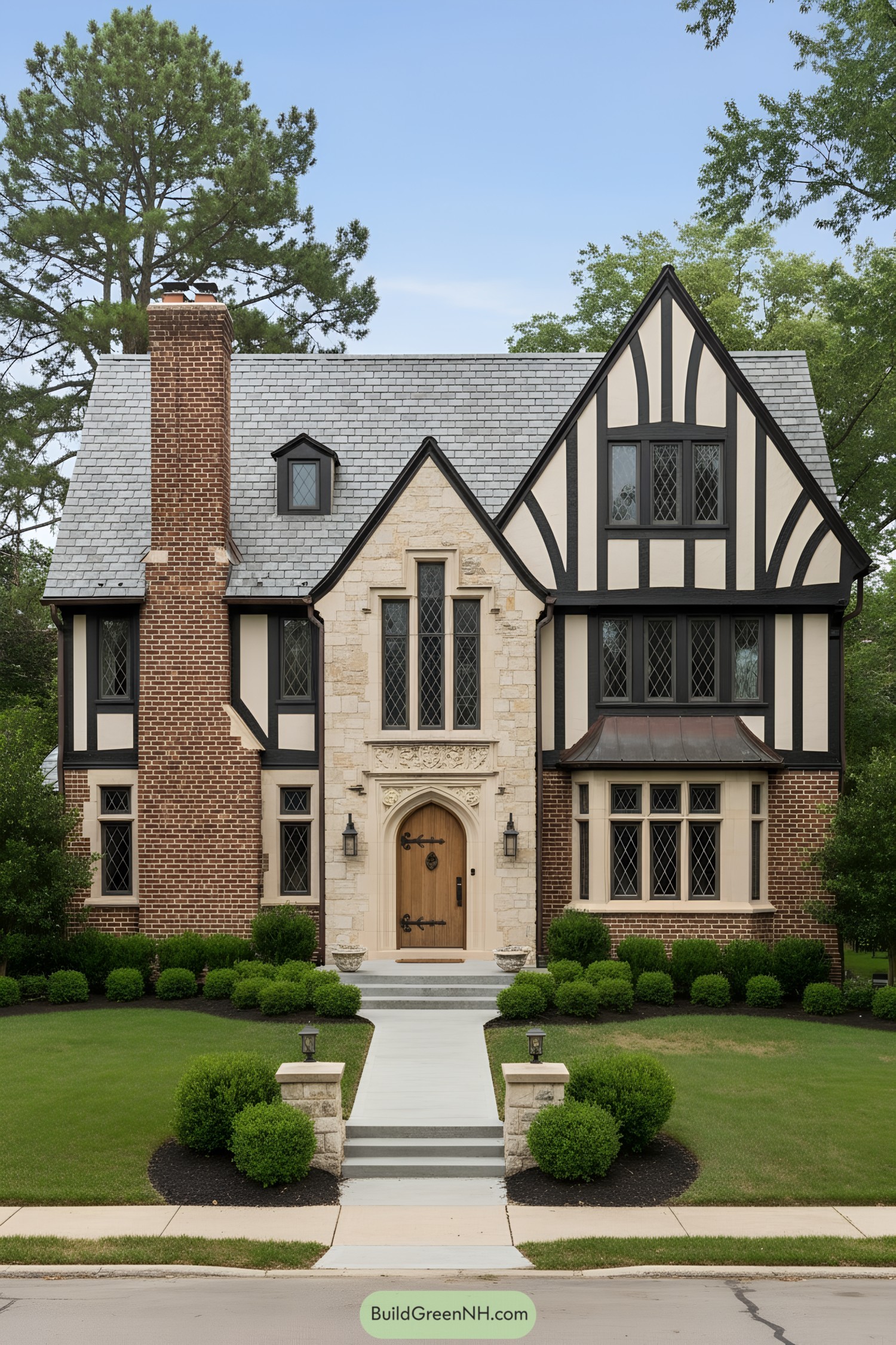 Tudor-style home with half-timbering, copper bay, and arched stone entry