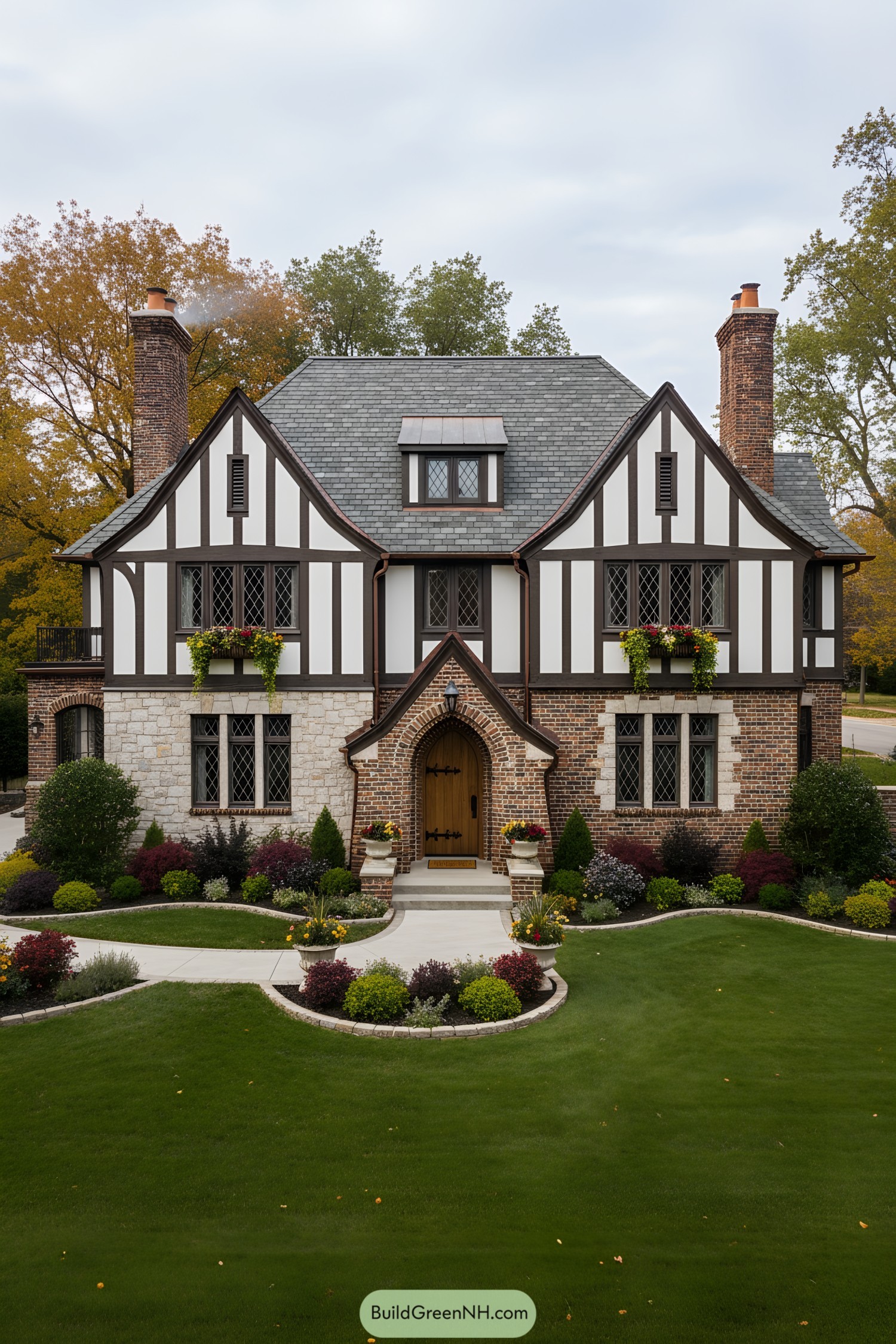 Tudor home with slate roof, brick entry, and leaded windows