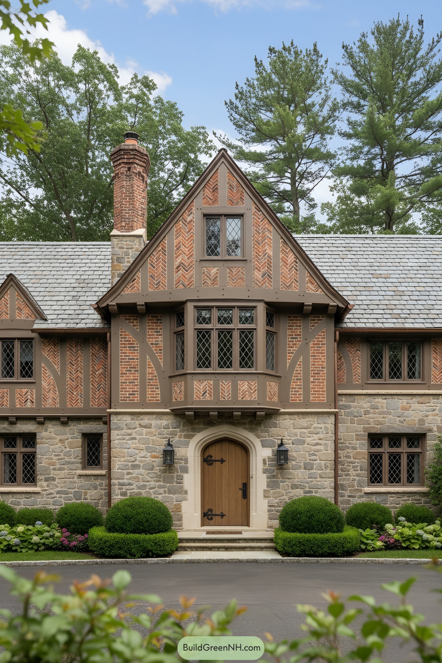 Tudor facade with chevron brick and stone