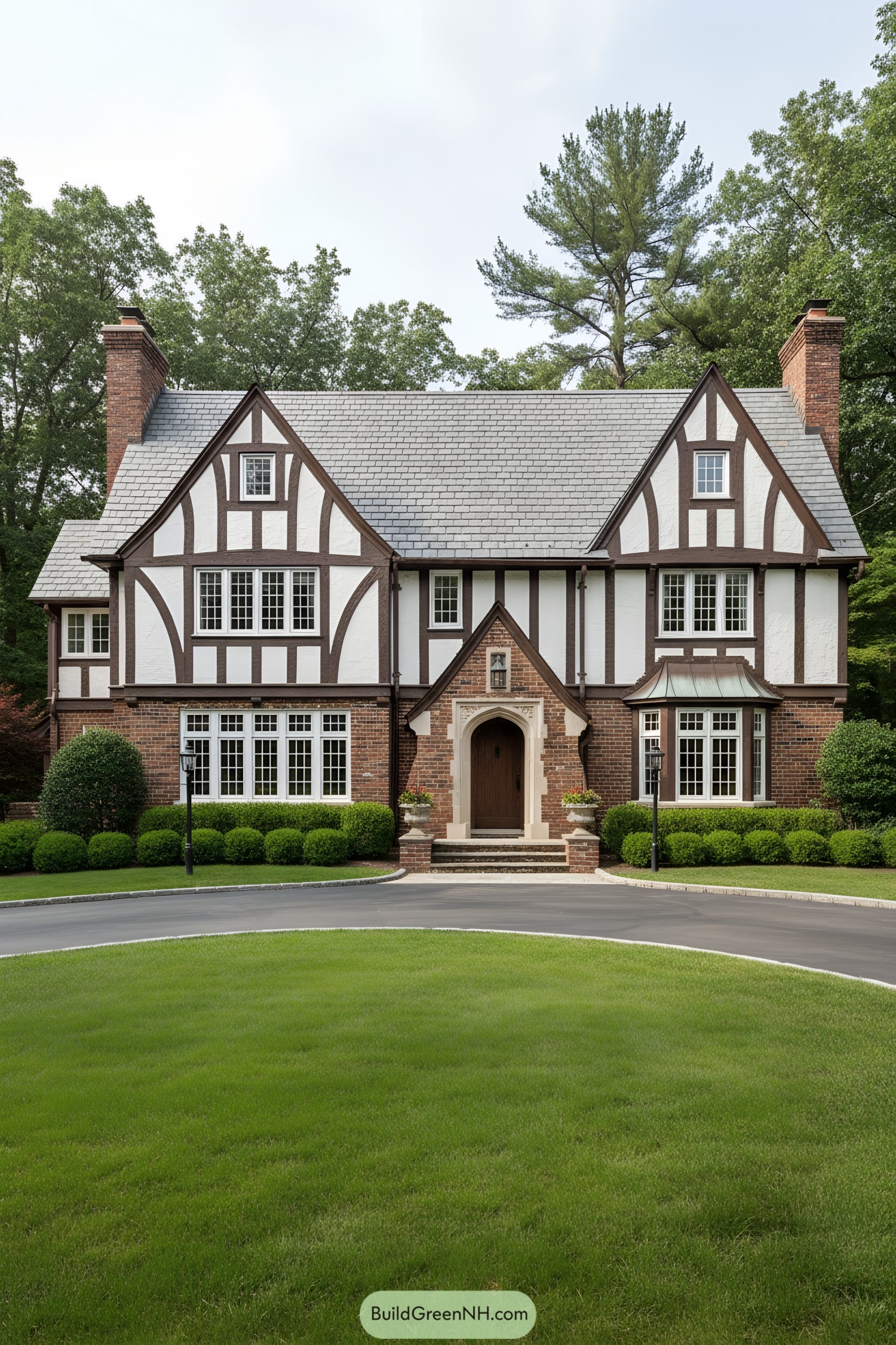 Brick-and-stucco Tudor with curved timbers, slate roof, and arched entry