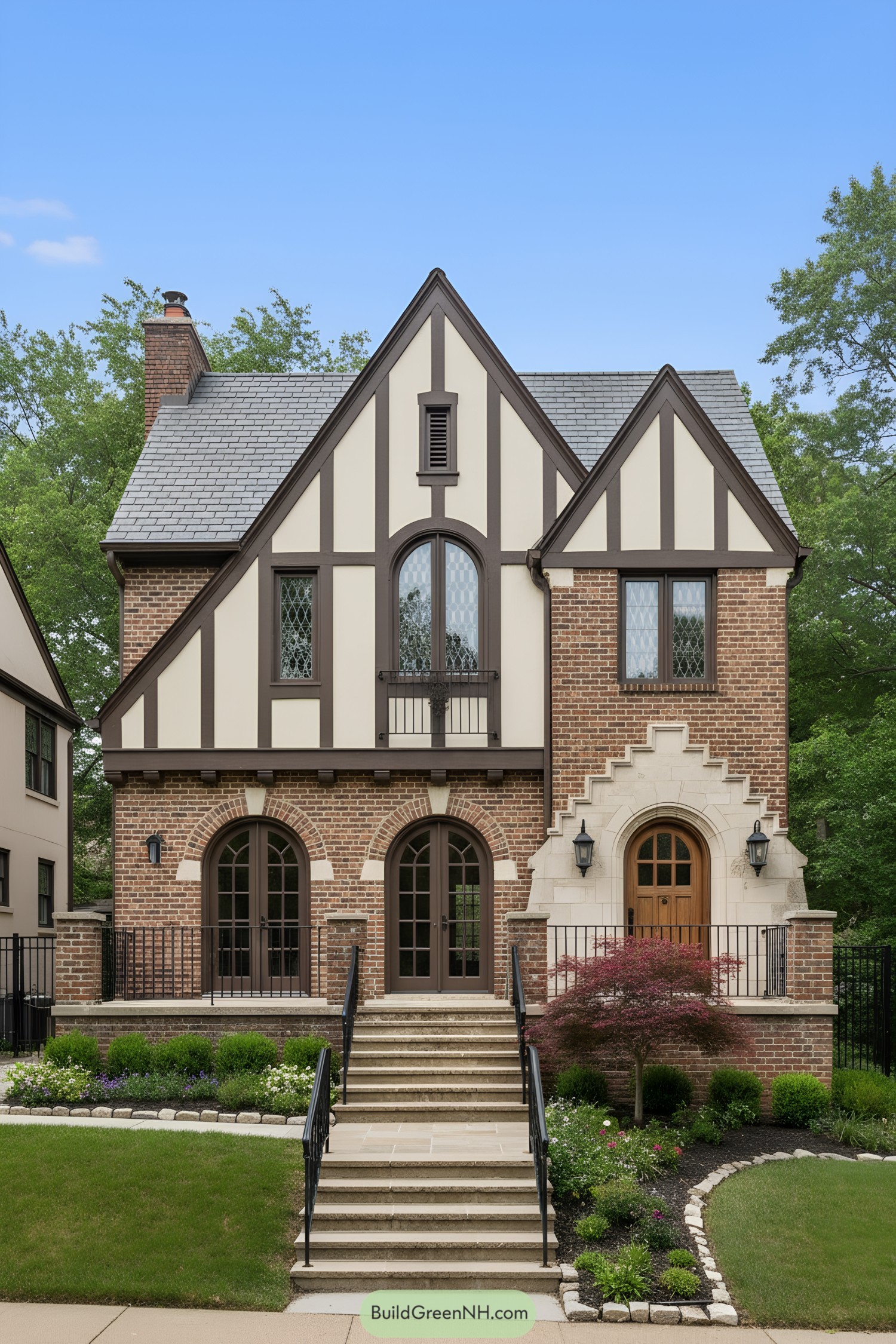 Brick-and-stucco Tudor house with steep gables