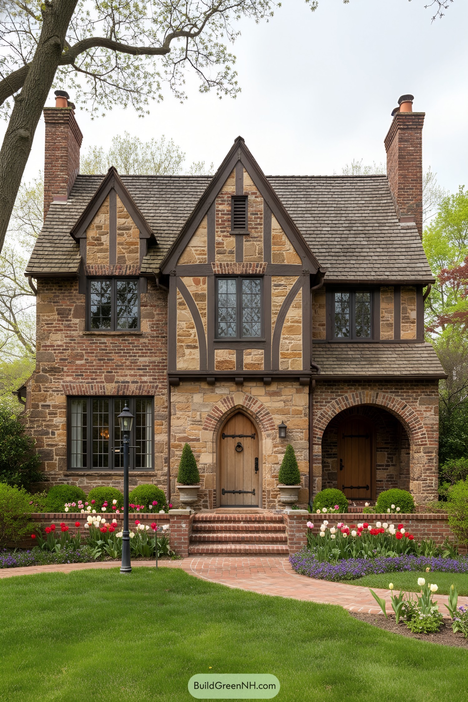Tudor home with stone, brick, and timber accents