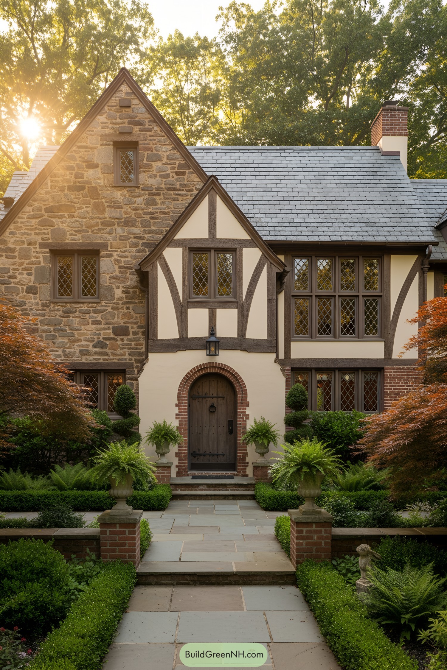 Tudor house with stone, half-timbering, and arched door