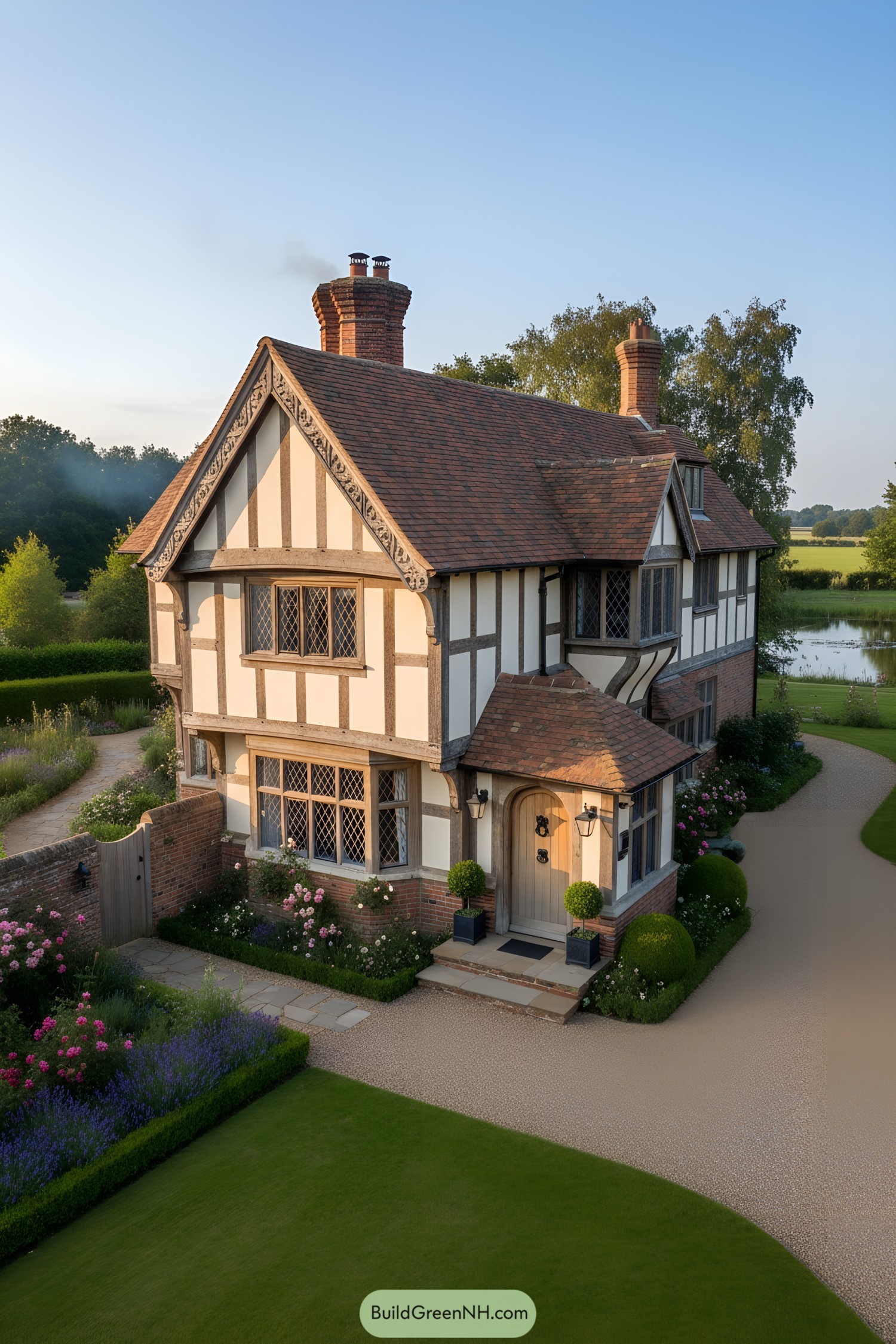 Tudor cottage with half-timbering, red tile roof, and leaded windows
