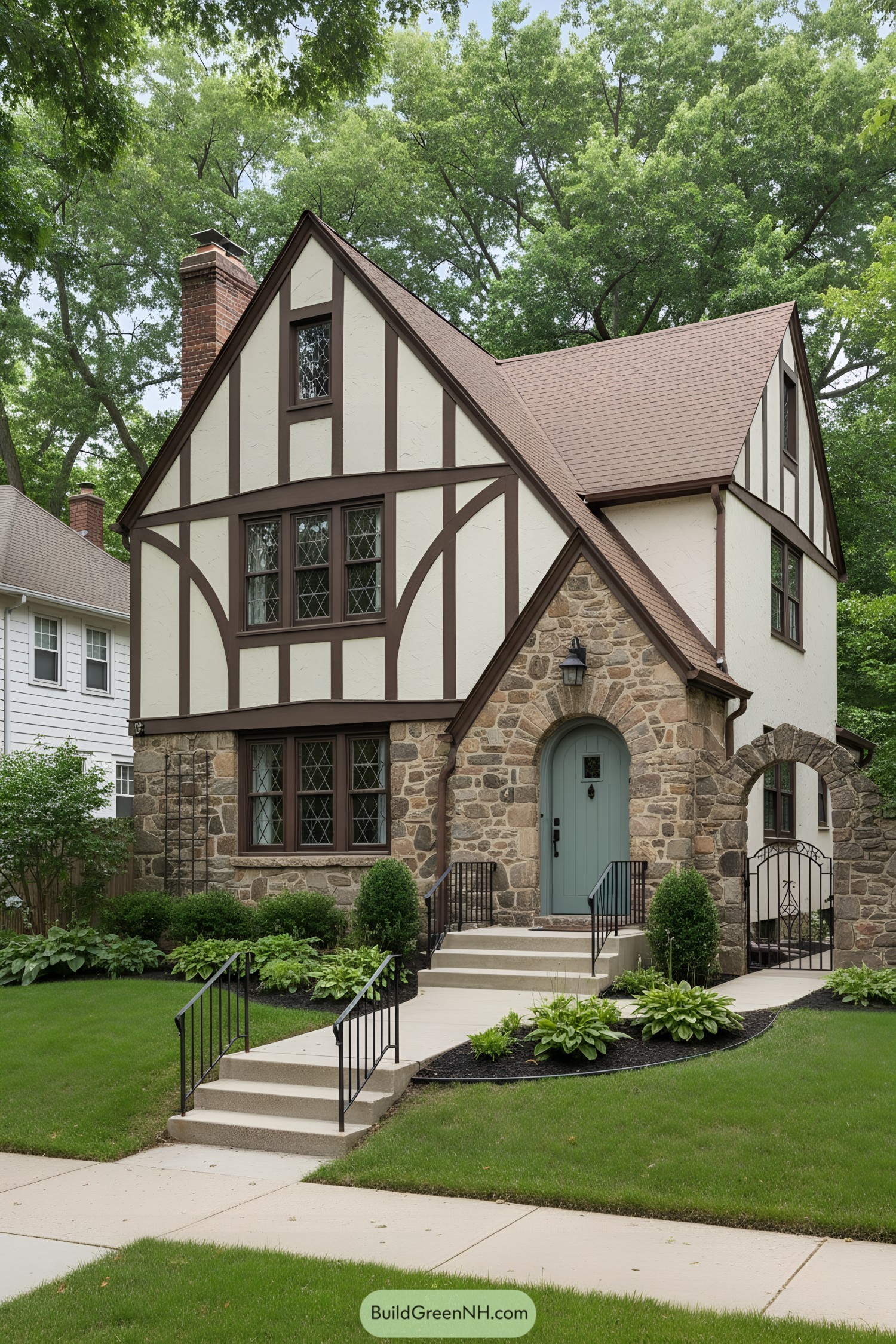 Tudor cottage with stone arch and timbering