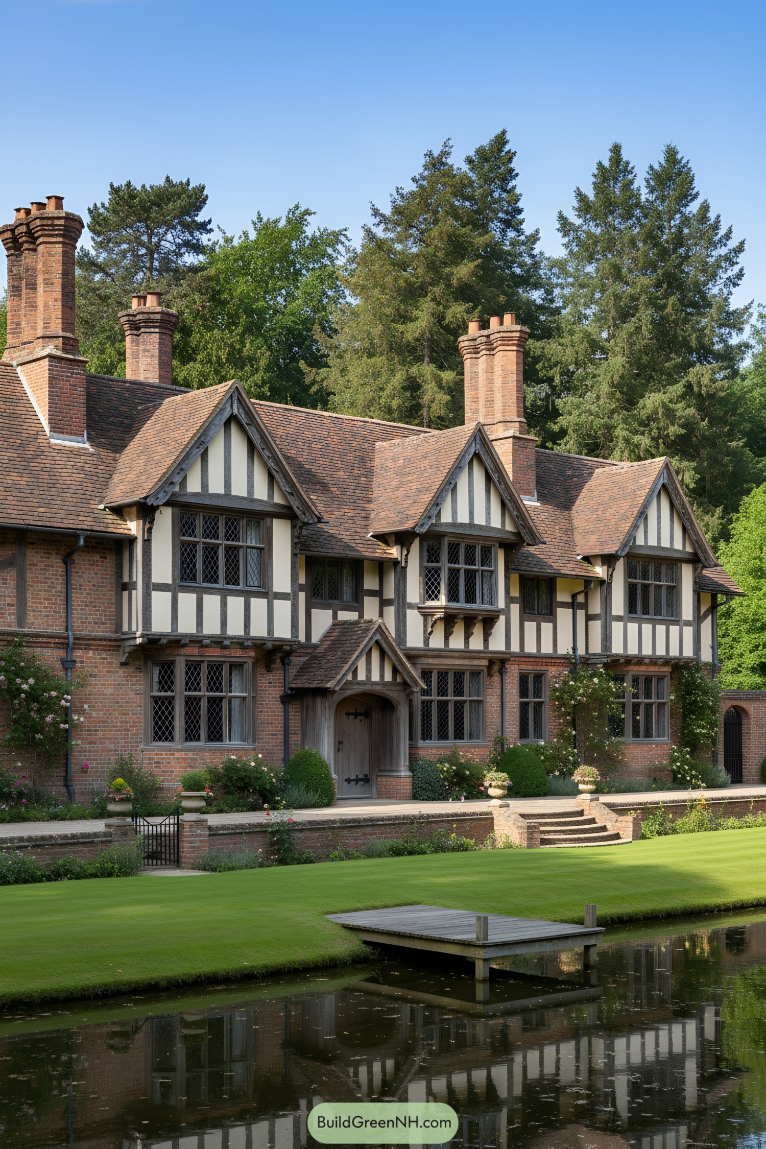 Brick-and-timber Tudor manor by a pond