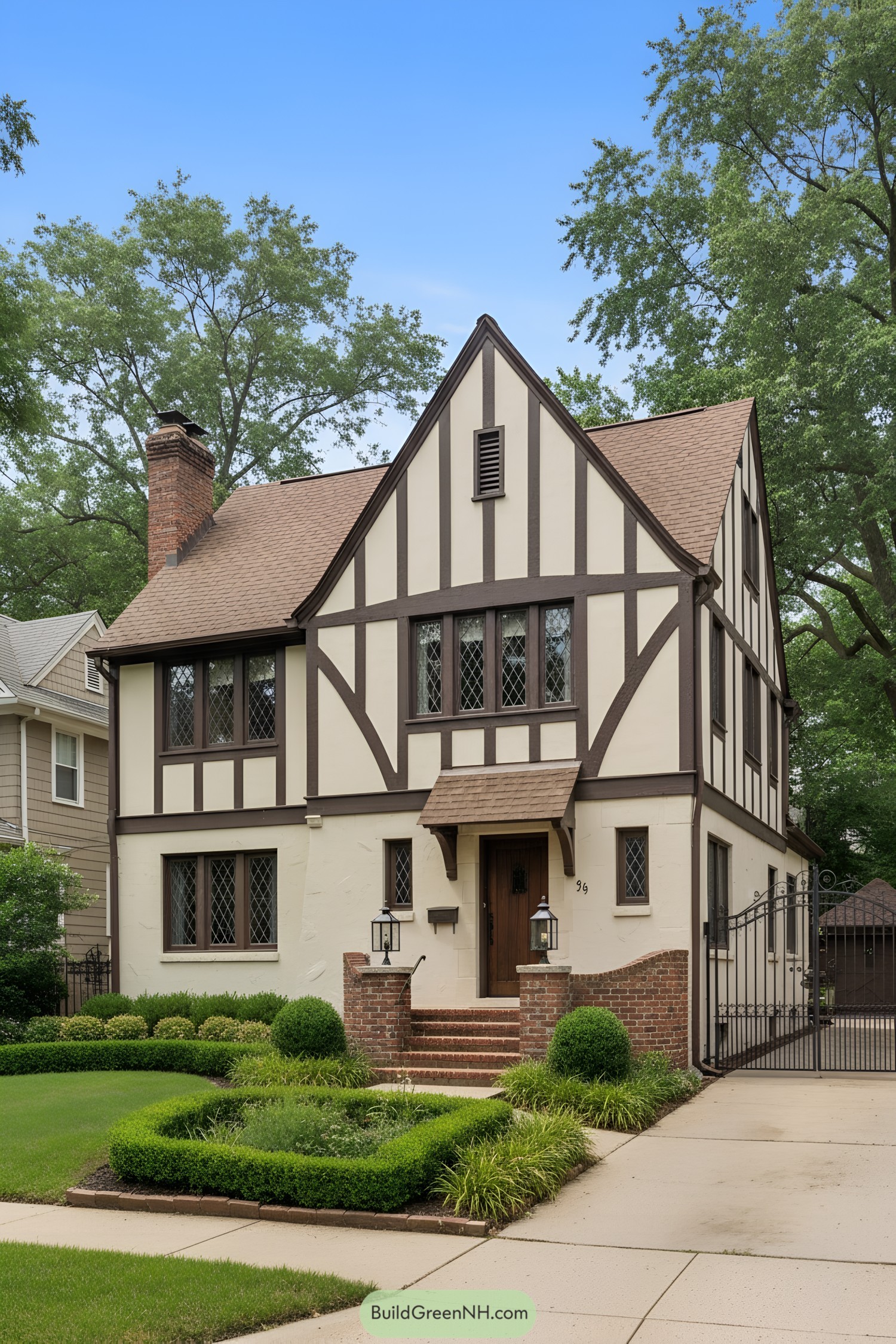 Cream stucco Tudor with dark half-timbering, steep front gable, diamond-paned windows, and brick steps