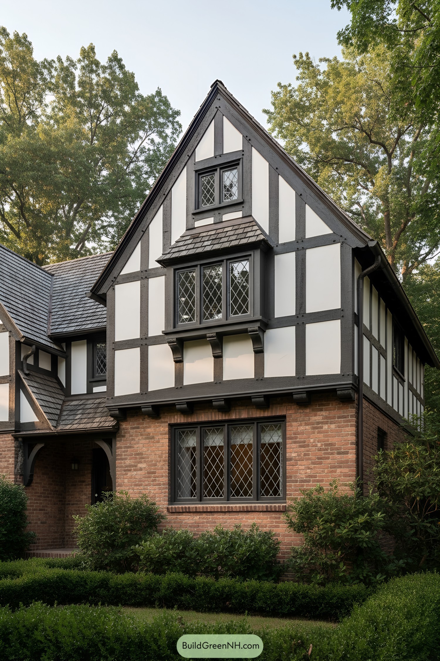 Tudor home with dark half-timbering, brick base, and diamond-pane windows