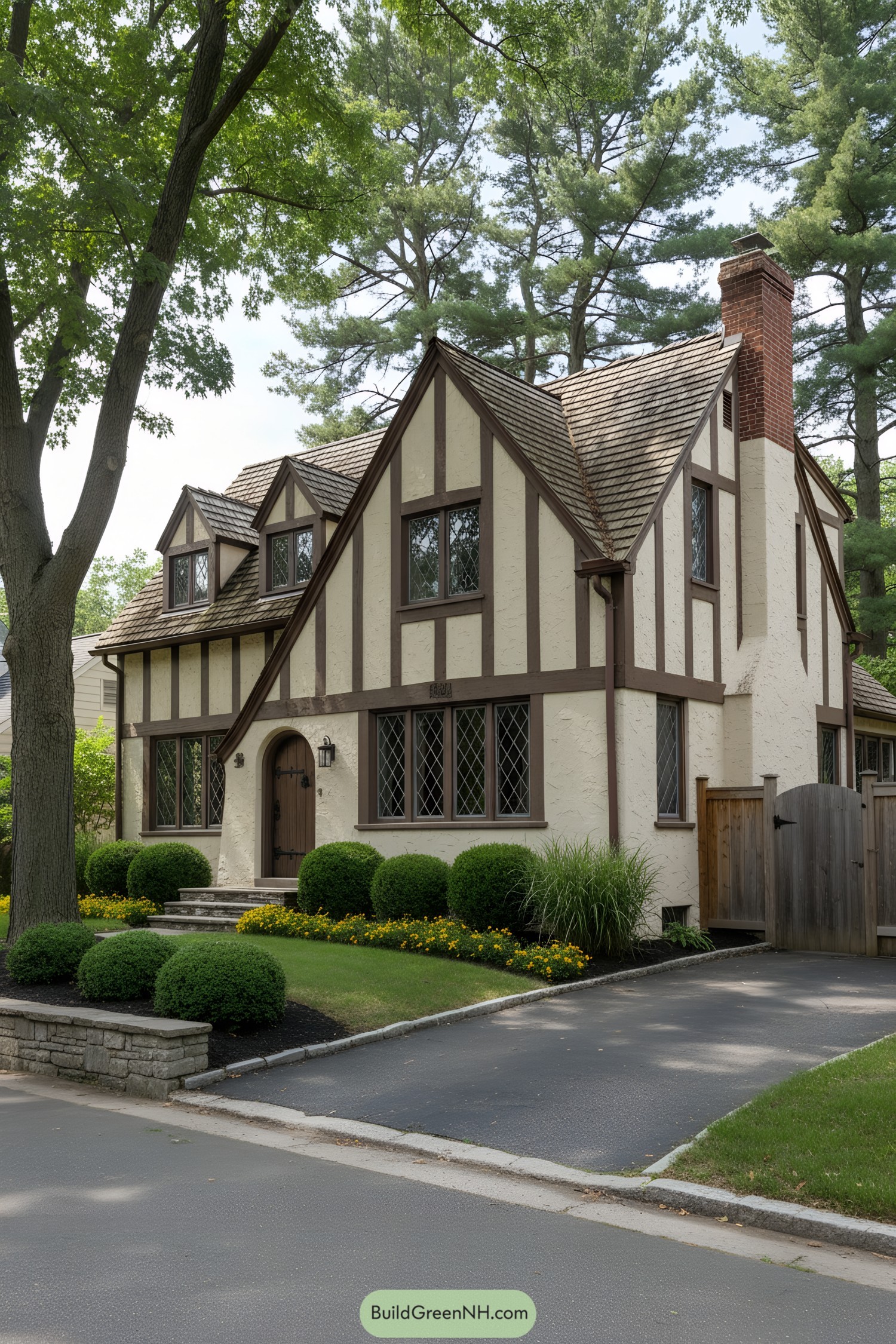 Cream stucco Tudor with dark half-timbering, steep gables, dormers, leaded windows, and brick chimney