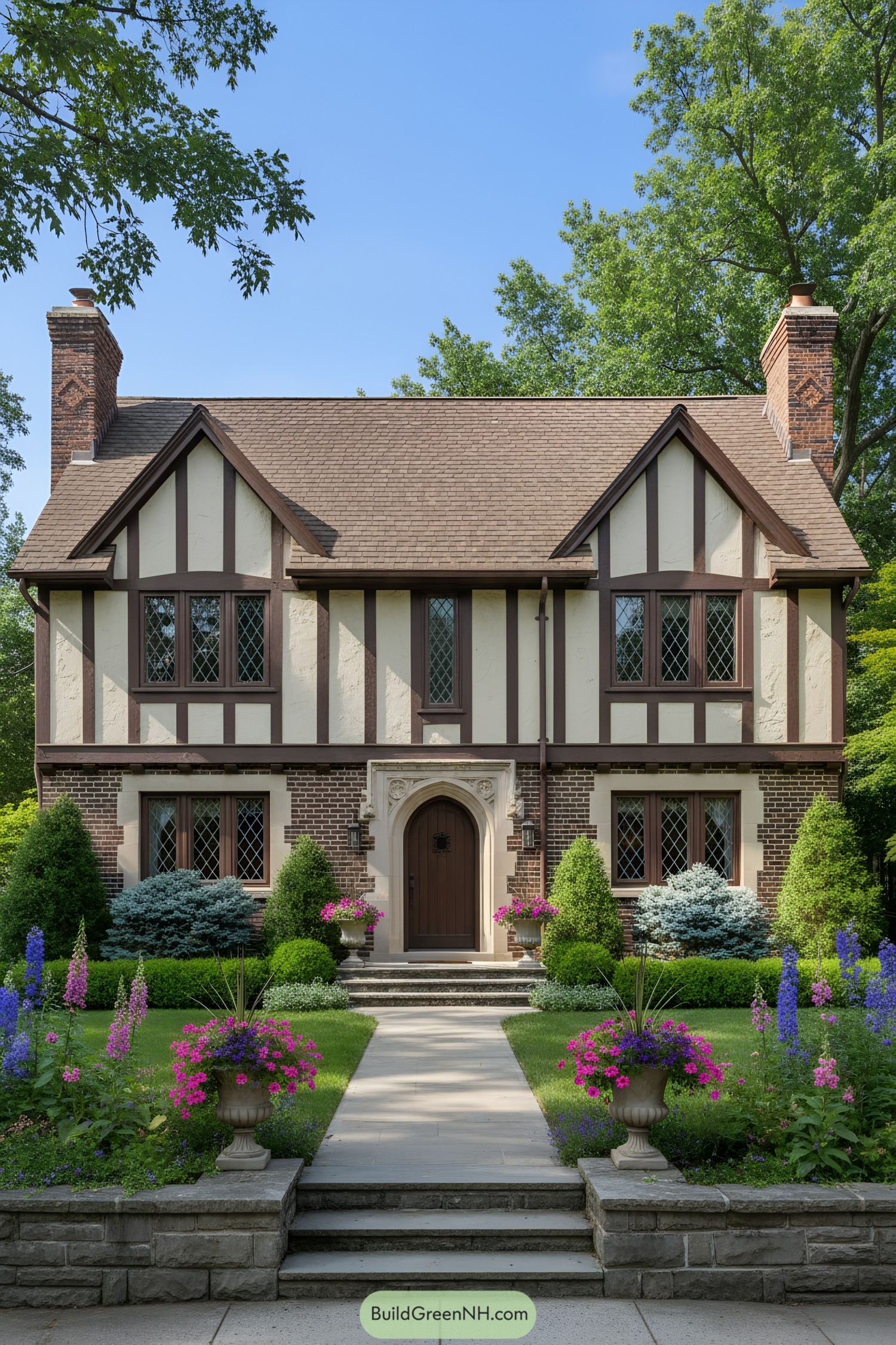 Tudor home with brick base, half-timbered upper, arched doorway, and manicured garden path